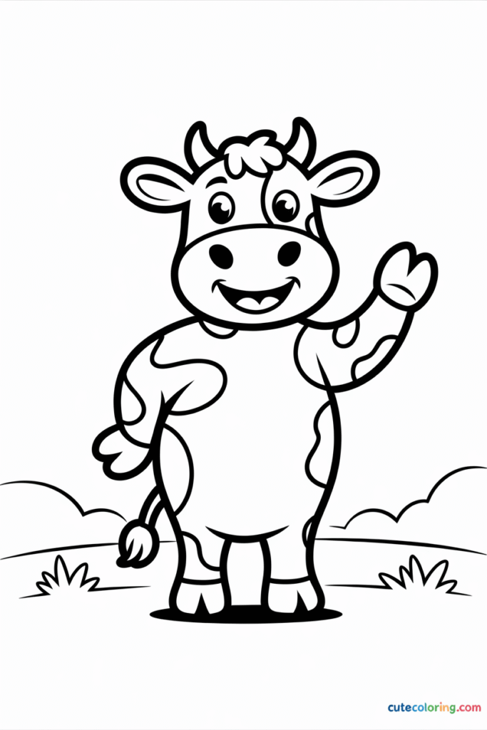 Happy Cartoon Cow Standing and Waving