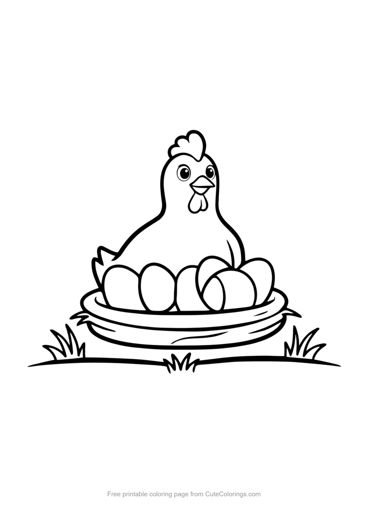 Simple coloring page of a happy hen sitting on a straw nest with three eggs