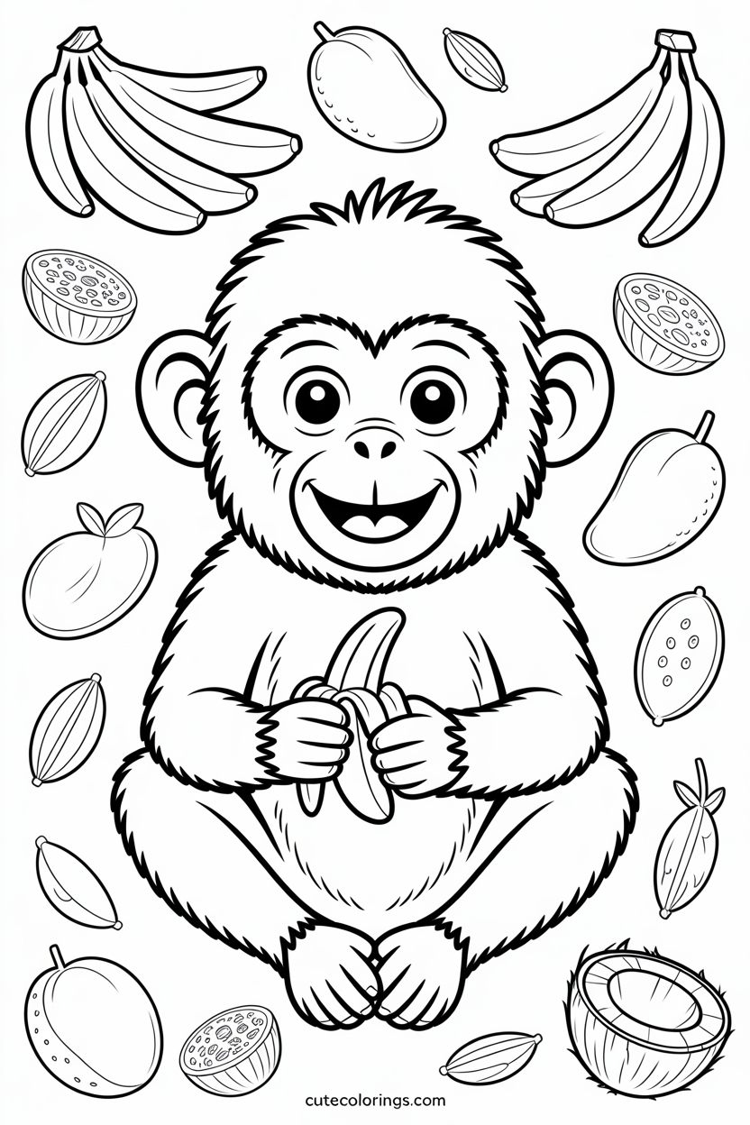 Smiling monkey holds banana with treats all around