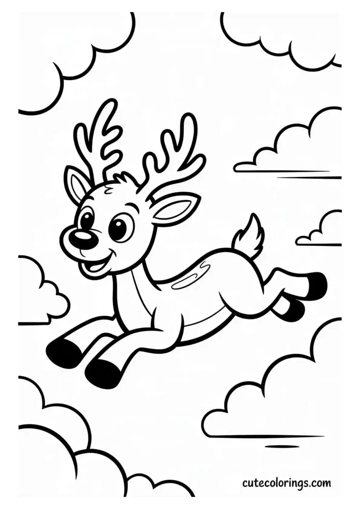 Happy Reindeer Flying Through Clouds