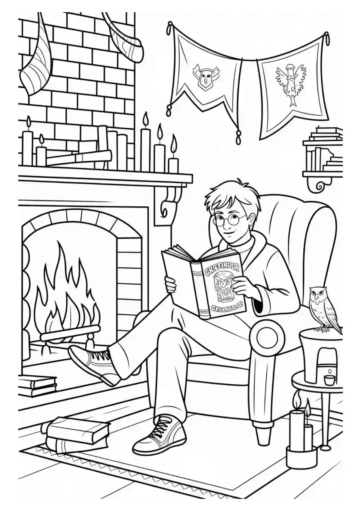 Harry Potter relaxing by Gryffindor fireplace