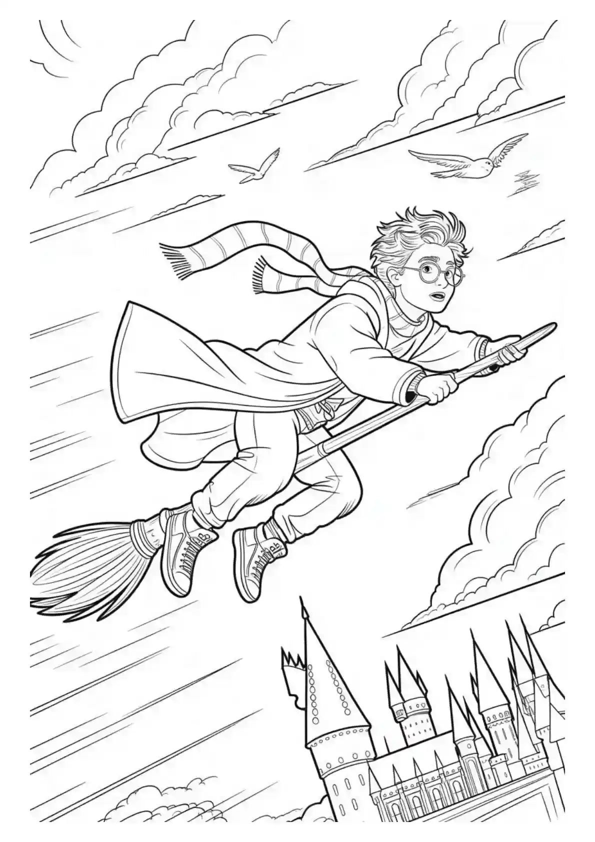 Harry Potter soaring above Hogwarts Castle