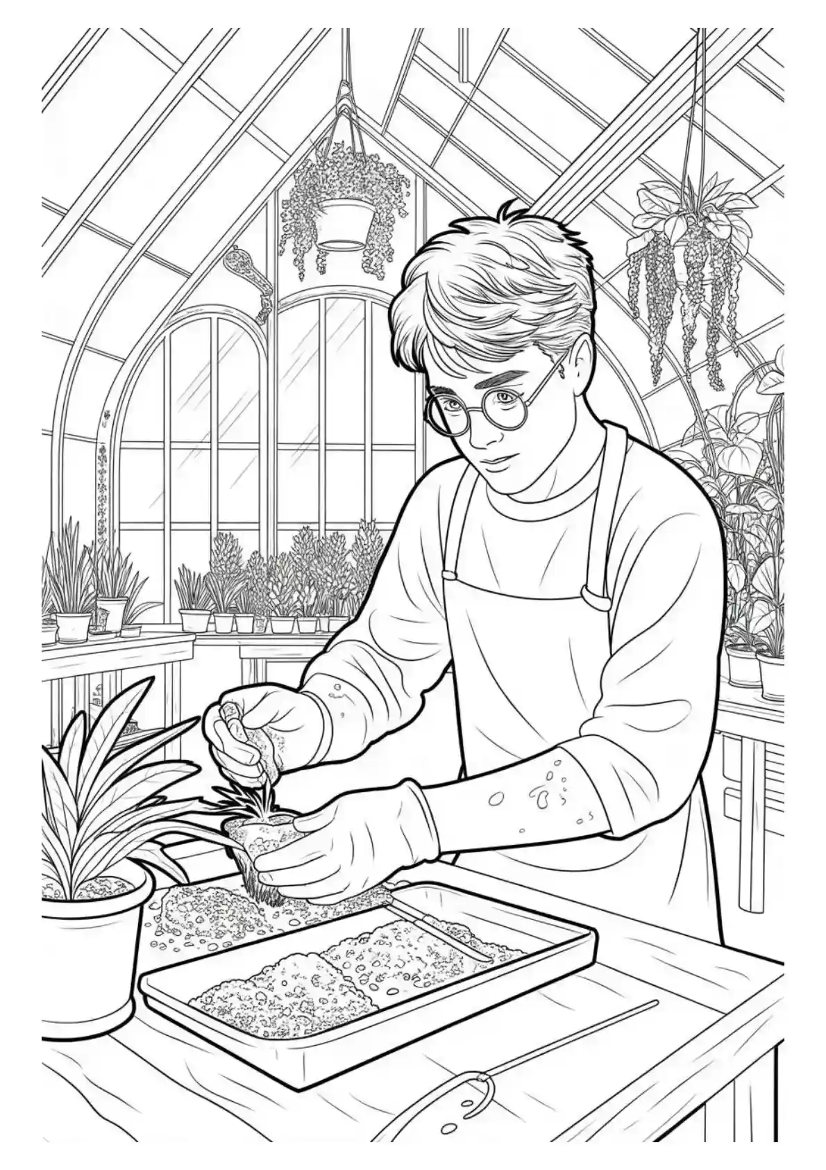 Harry Potter working in Herbology class