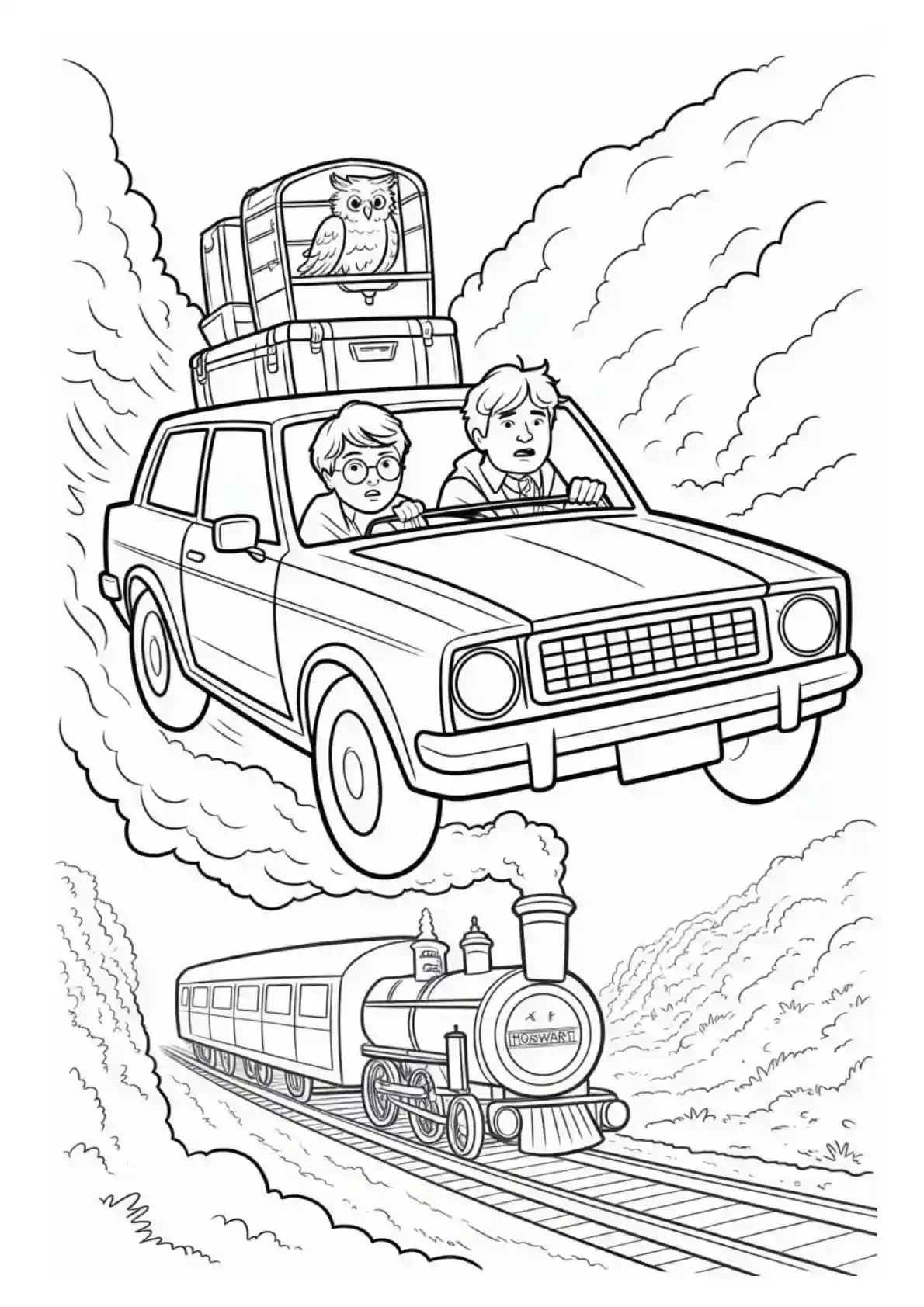 Harry and Ron in flying Ford Anglia car