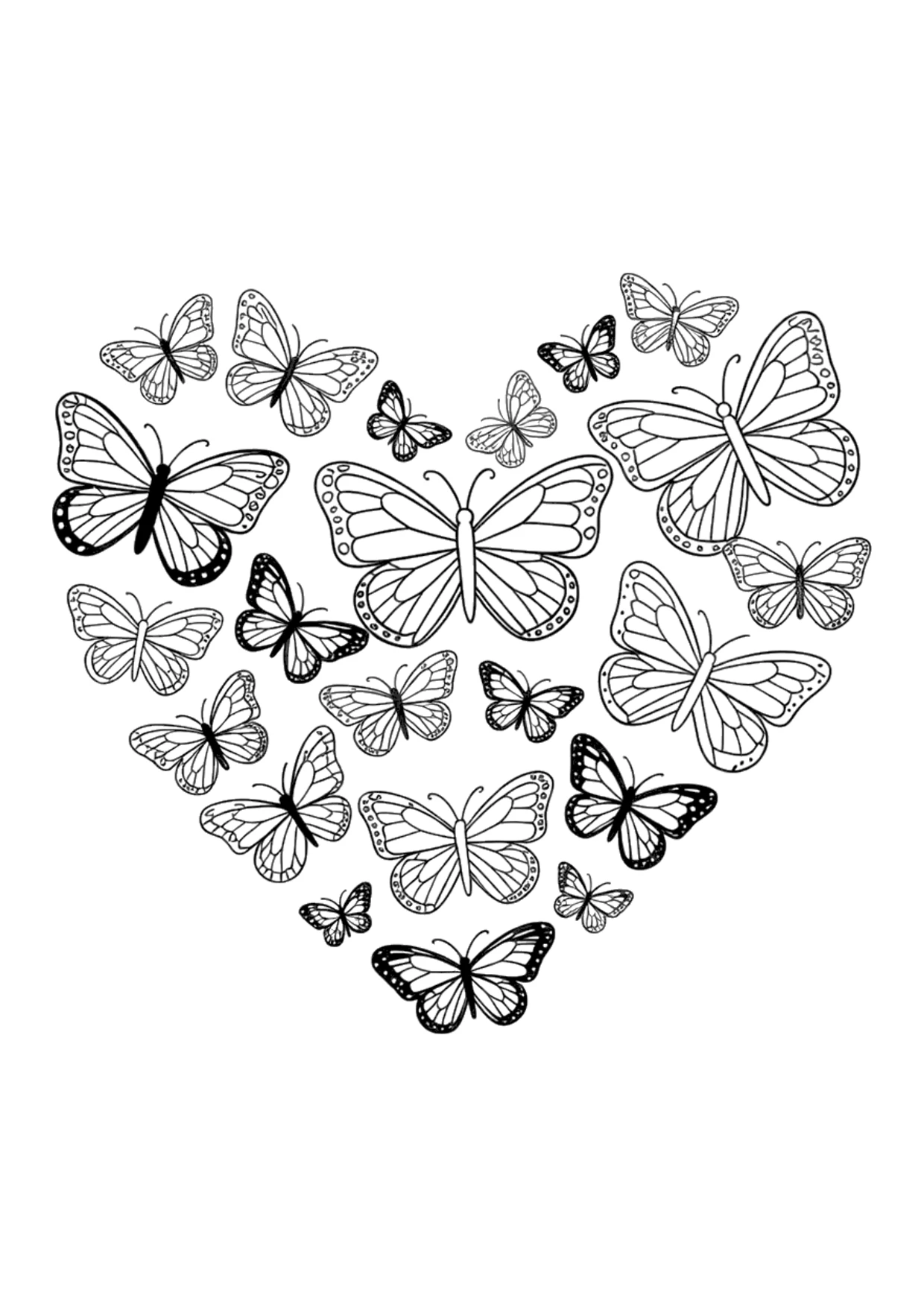 Coloriage détaillé d’un cœur fait de papillons