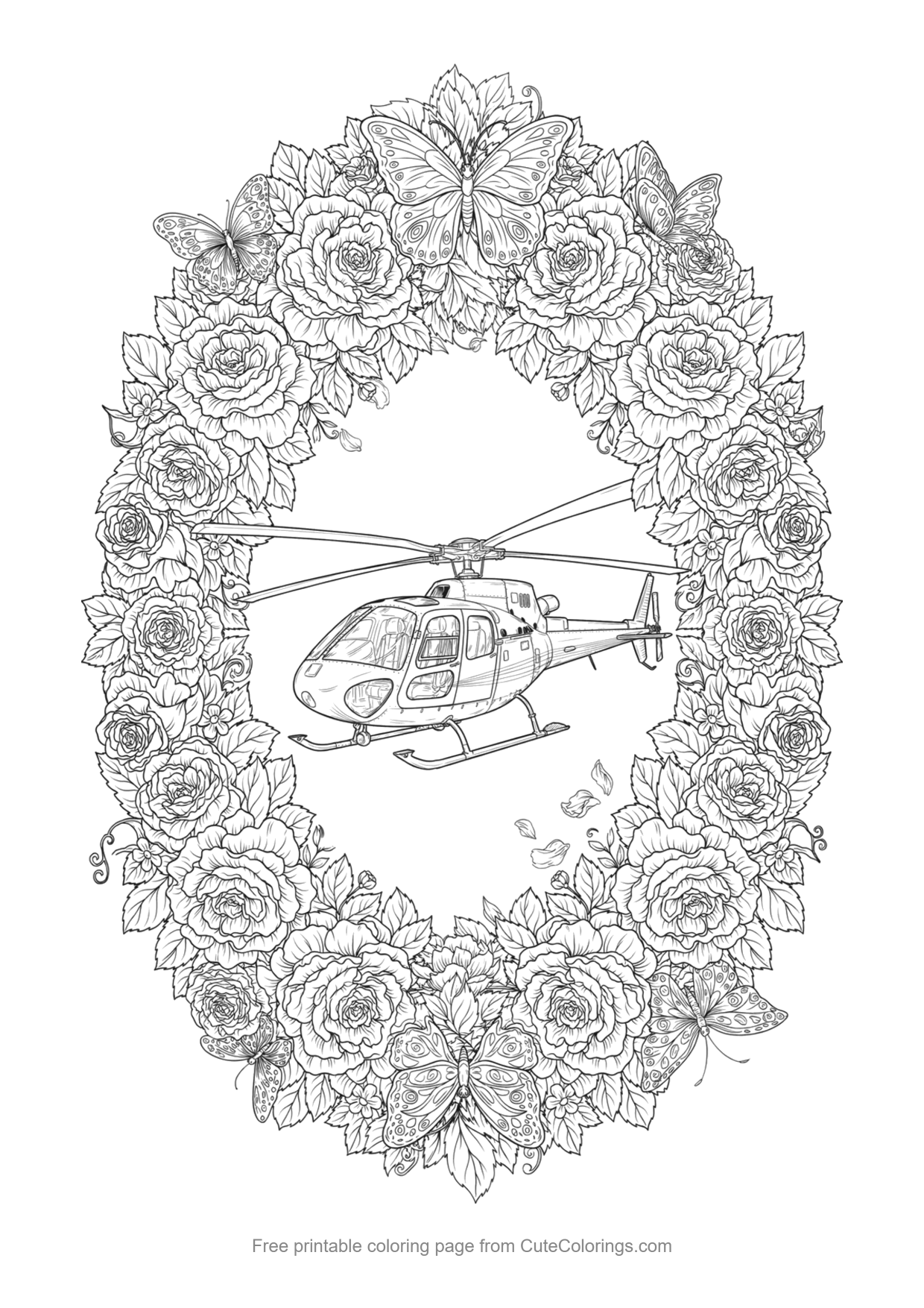Detailed coloring page of a helicopter inside an ornate frame of roses and butterflies