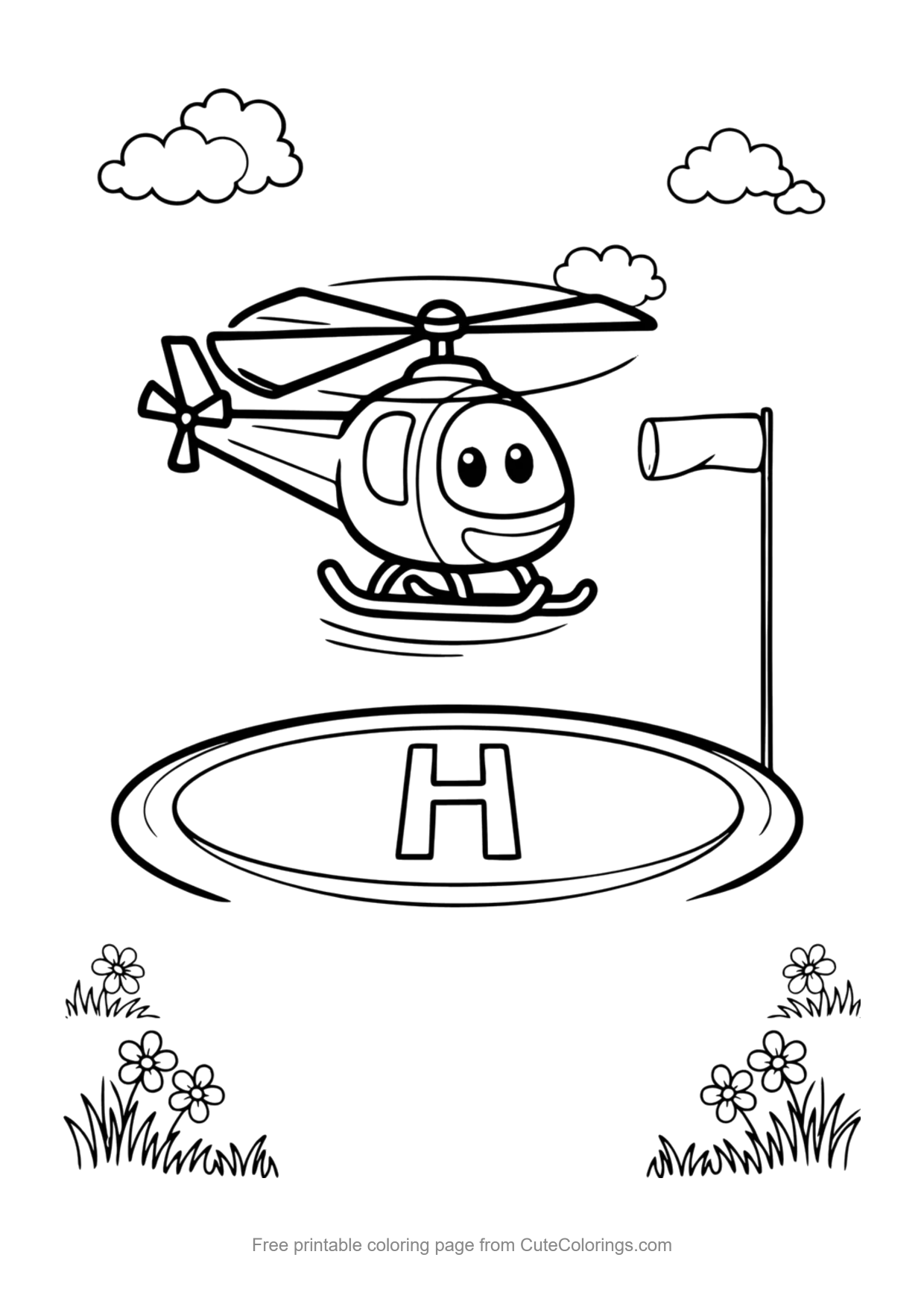 Easy coloring page of a helicopter landing on a helipad with a windsock