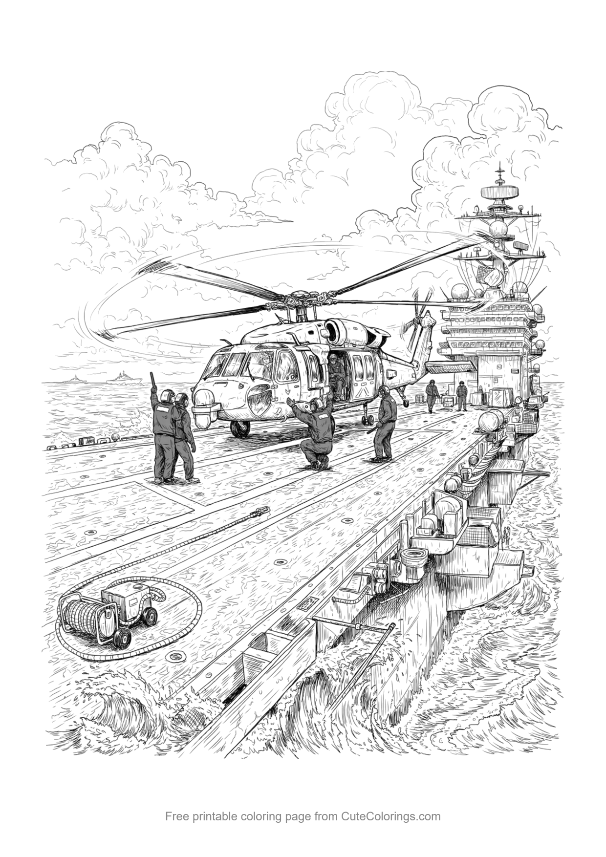 Detailed coloring page of a navy helicopter landing on an aircraft carrier deck