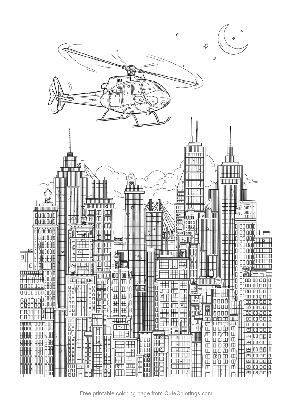Detailed coloring page of a helicopter flying over a city skyline at night