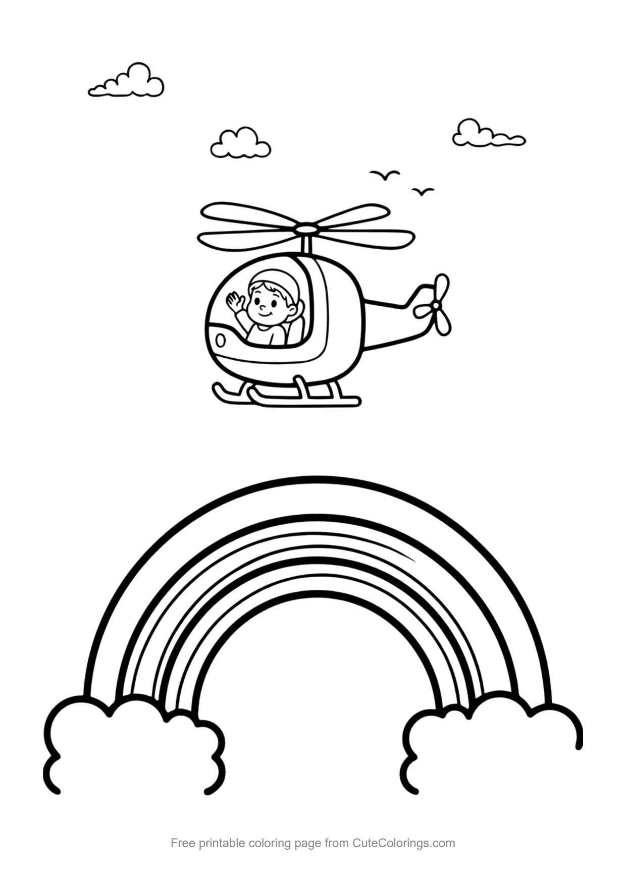 Easy coloring page of a cartoon helicopter flying over a rainbow with clouds