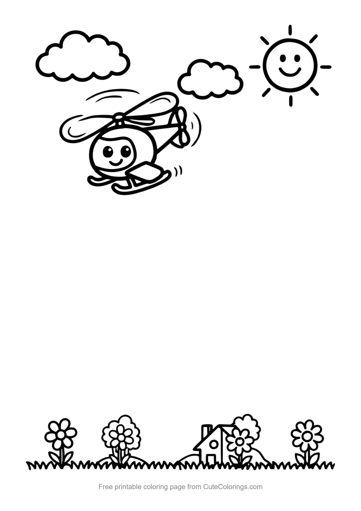 Easy coloring page of a small helicopter flying over a countryside with flowers