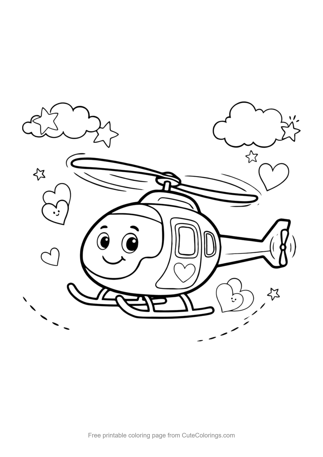 Easy coloring page of a cute helicopter surrounded by hearts and stars