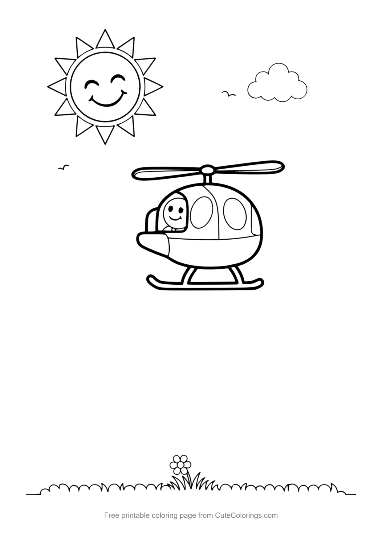 Easy coloring page of a simple helicopter flying under a smiling sun and clouds