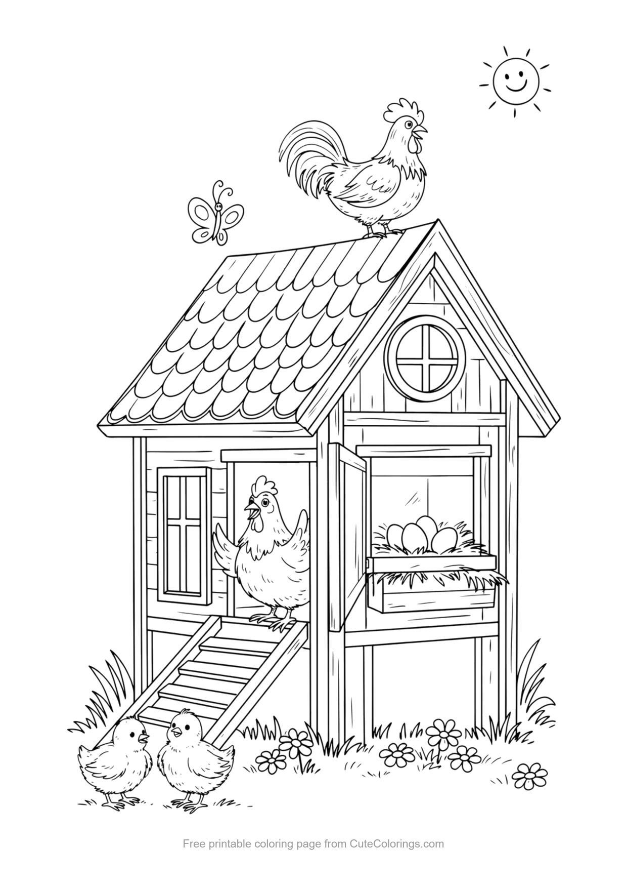 Coloring page of a hen looking out of a wooden chicken coop with eggs in the nest box