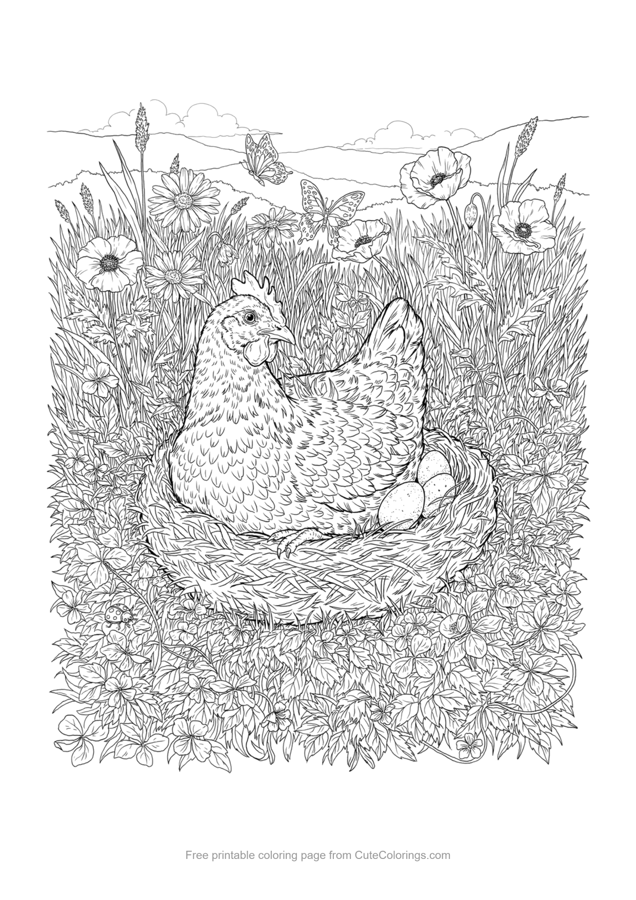 Detailed coloring page of a hen nesting in a meadow of wildflowers and butterflies
