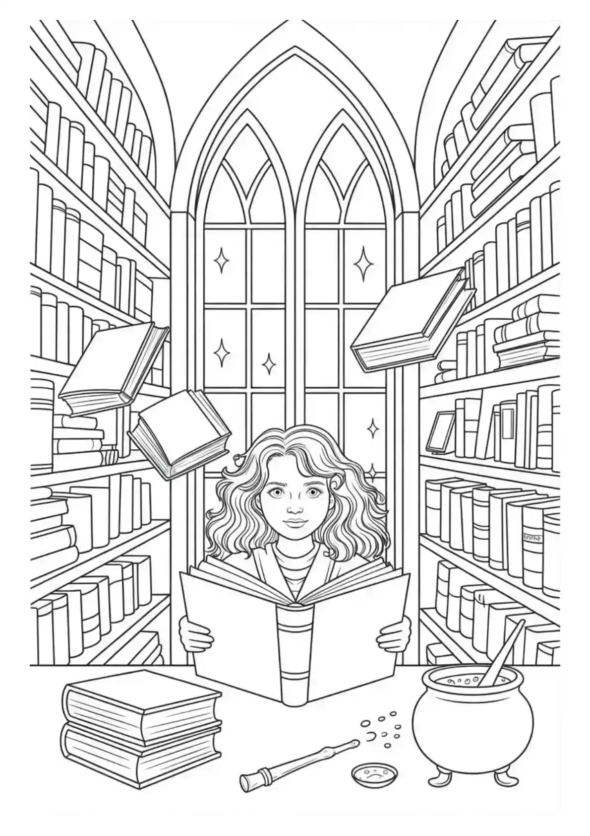 Hermione Granger studying in magical library