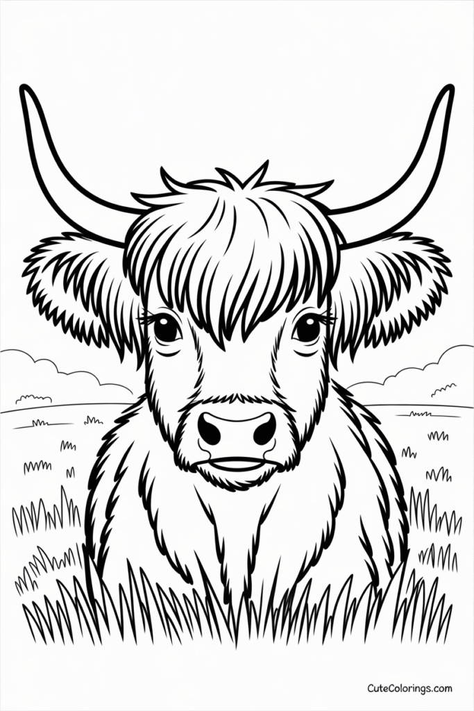 Highland Cow Portrait Lying in Grass