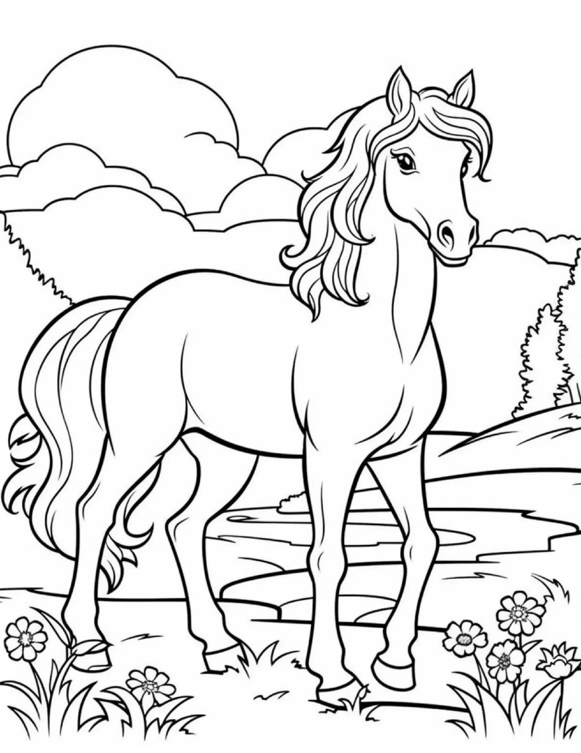 Horse in Pasture – Free Coloring Page