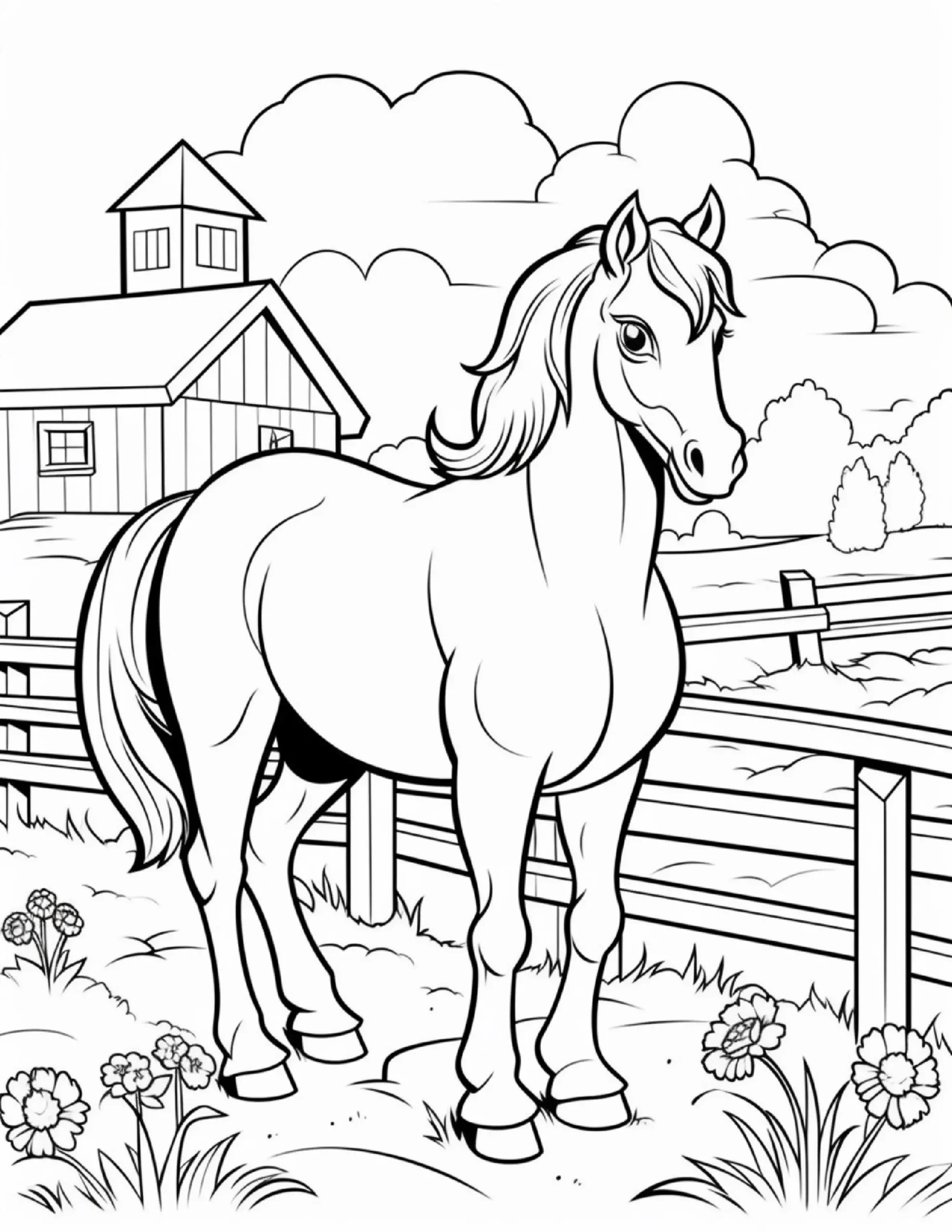 Beautiful Horse at Countryside Barn – Coloring Page