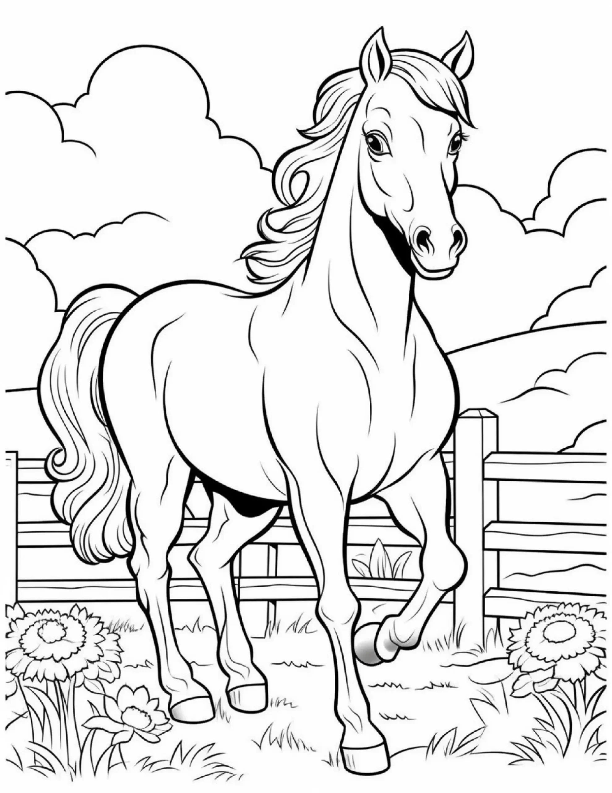 Graceful Horse in Country Field – Coloring Page