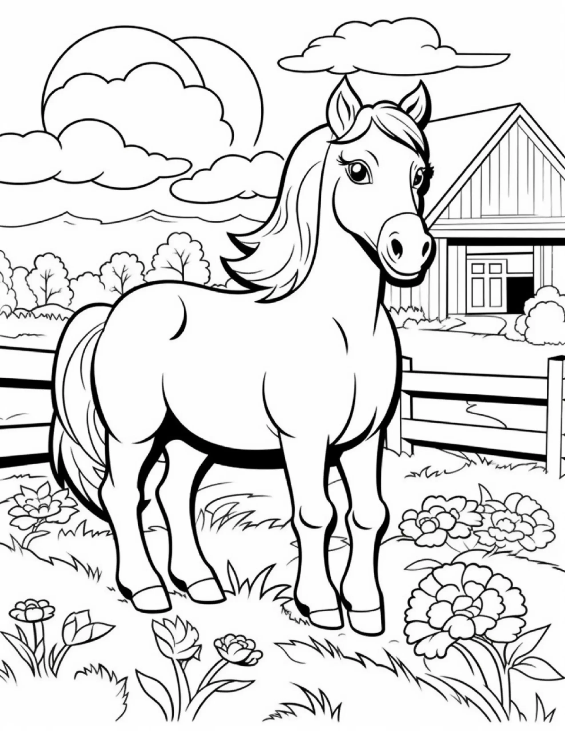 Horse Beside Barn Fence – Coloring Picture