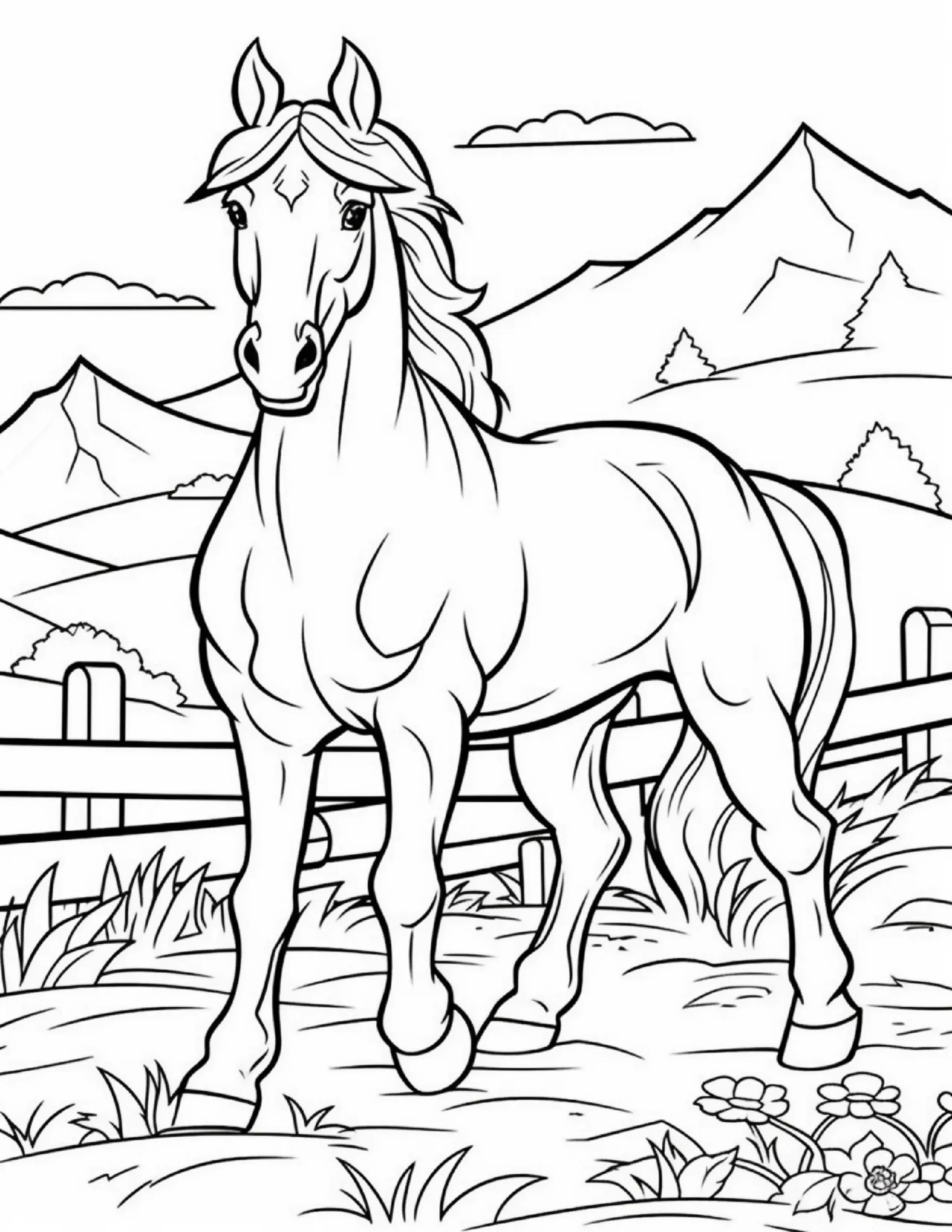 Horse with Mountain View – Coloring Page