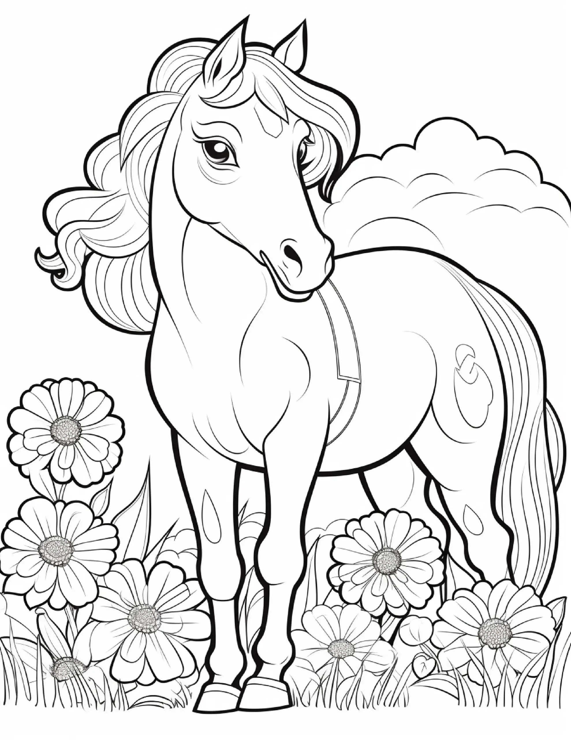 Cute Pony Among Flowers – Coloring Page