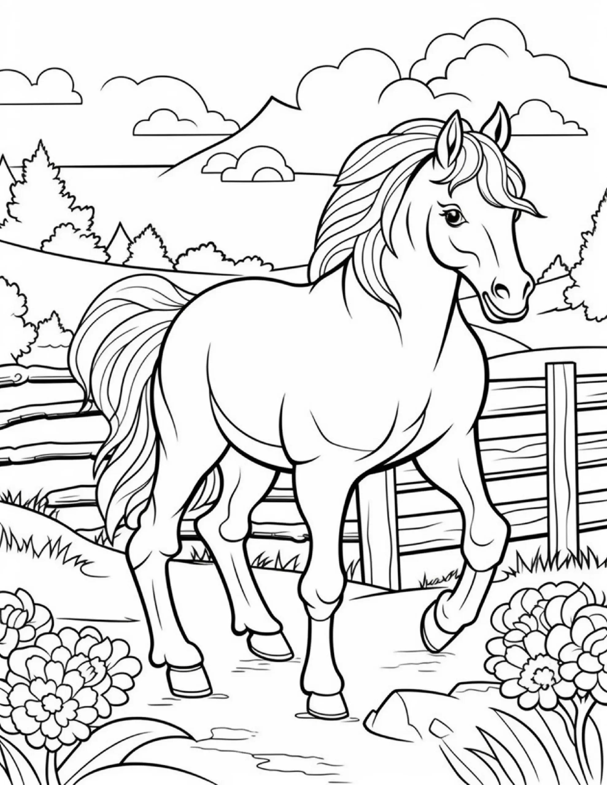 Friendly Horse in Pasture – Coloring Sheet