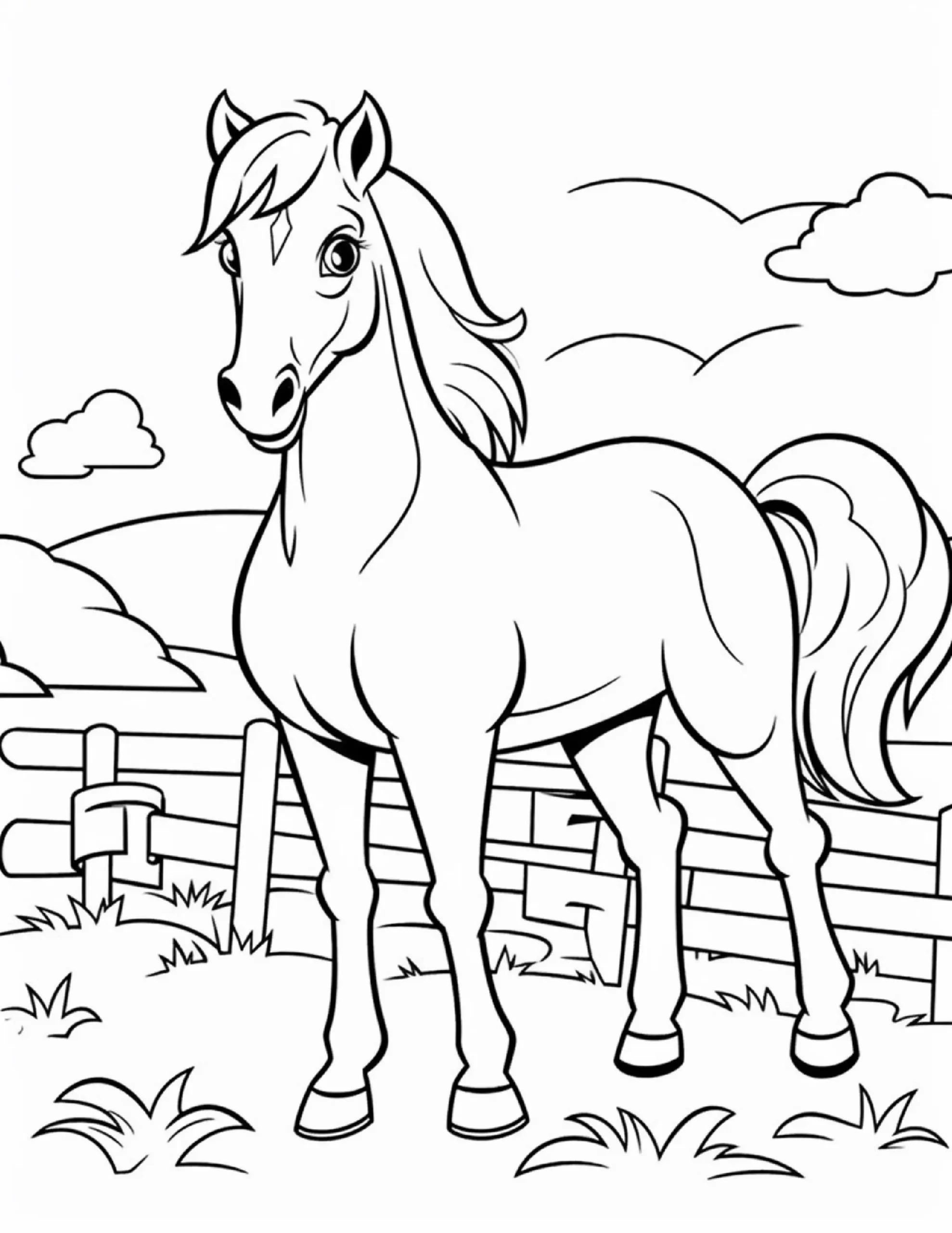 Horse Beside Wooden Fence – Outline Art