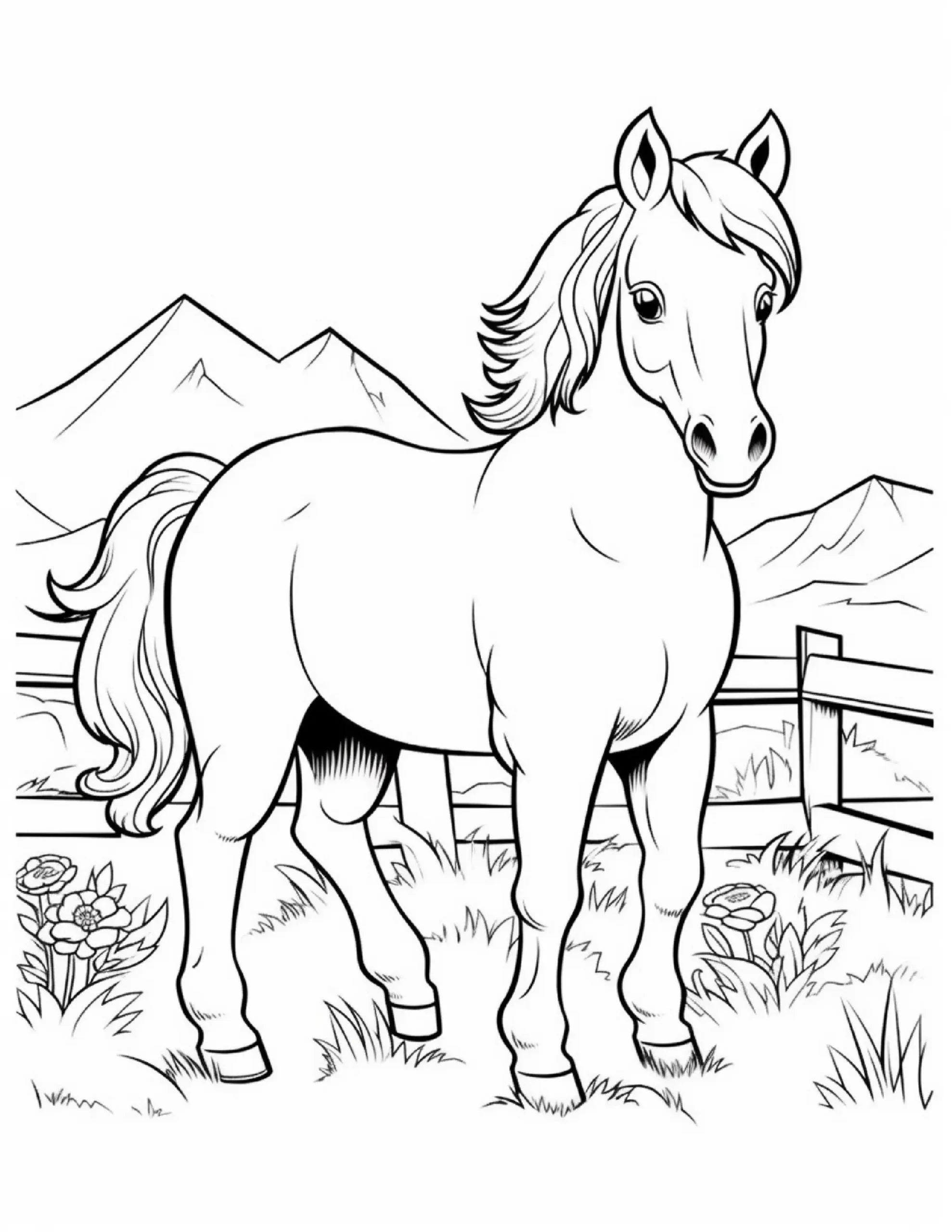 Horse Grazing Near Fence – Printable Coloring Page
