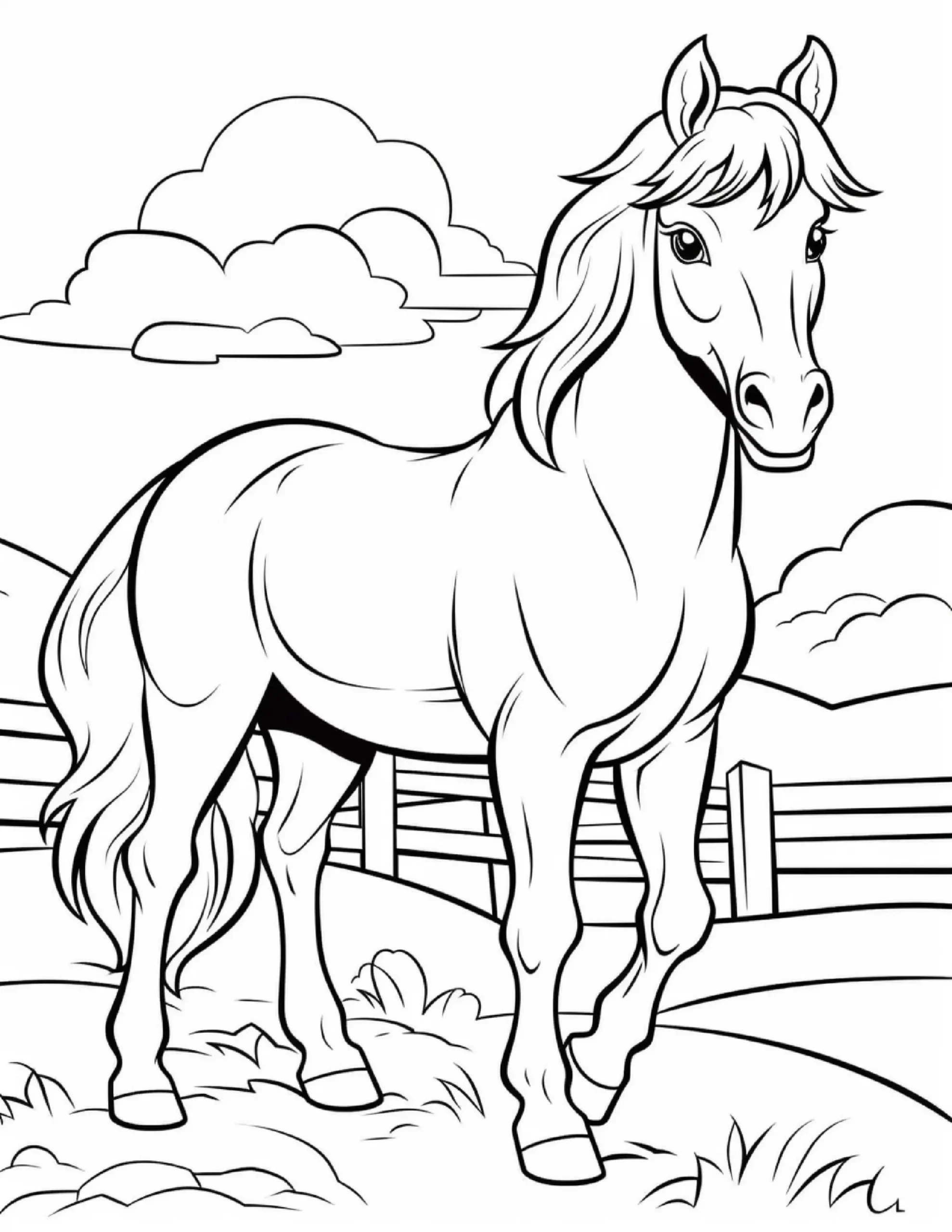 Graceful Horse in Farm Landscape – Coloring Page