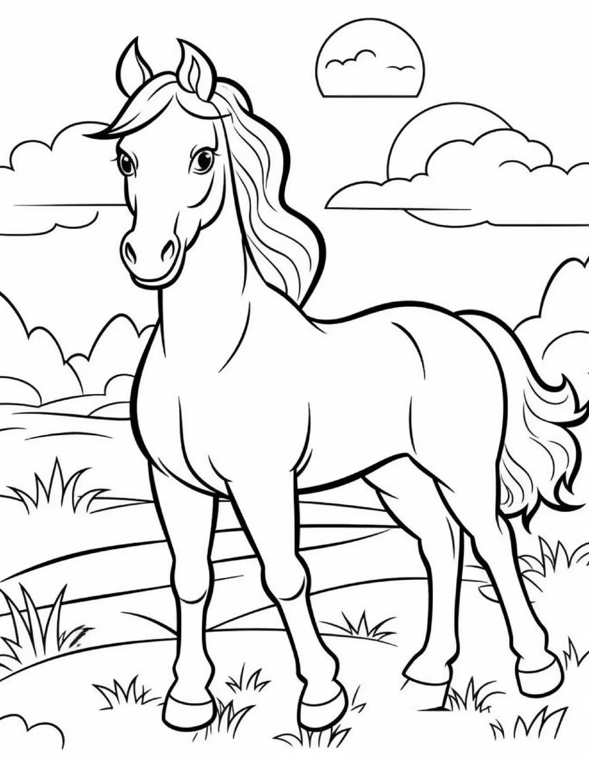 Horse in Open Field – Easy Coloring Picture