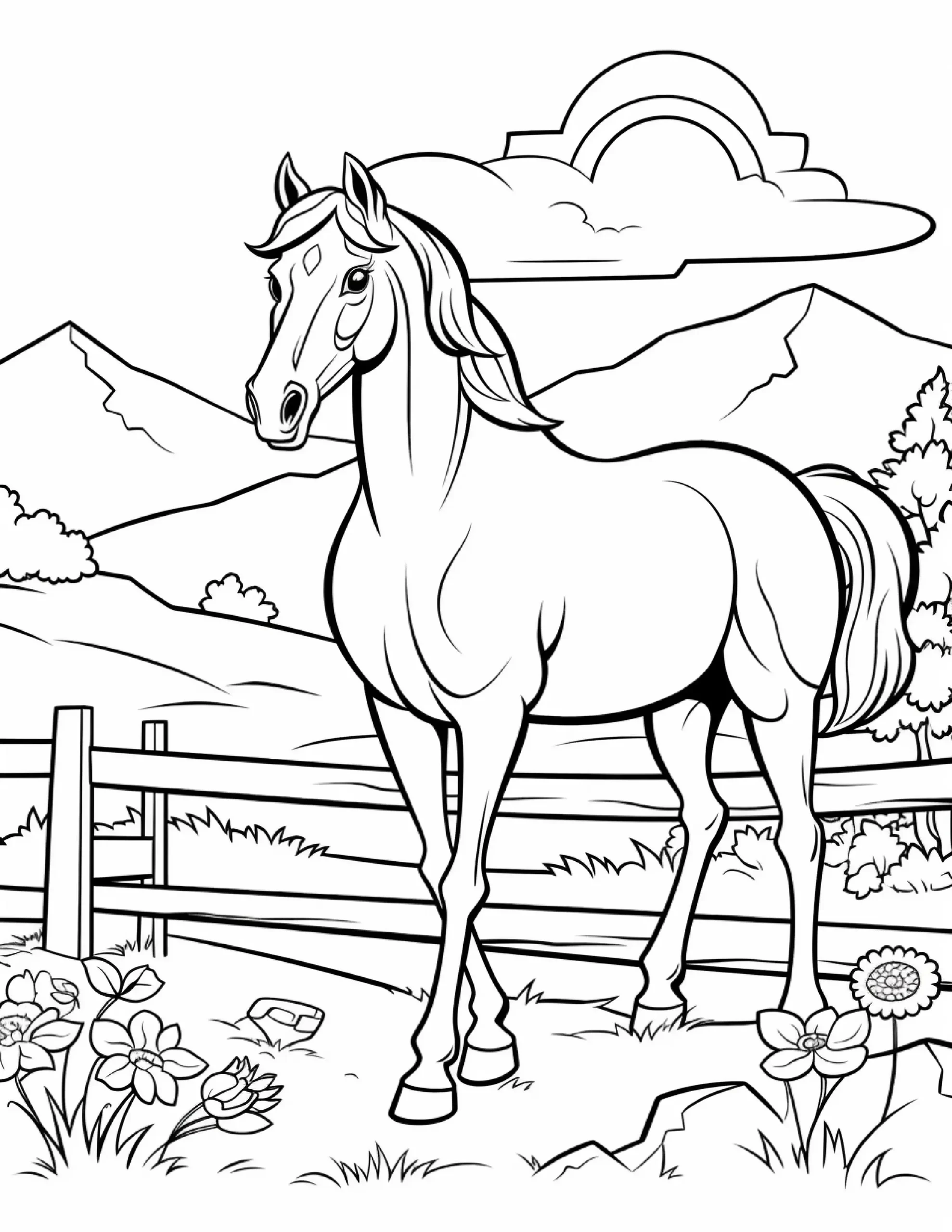 Horse Near Mountain Fence – Coloring Image