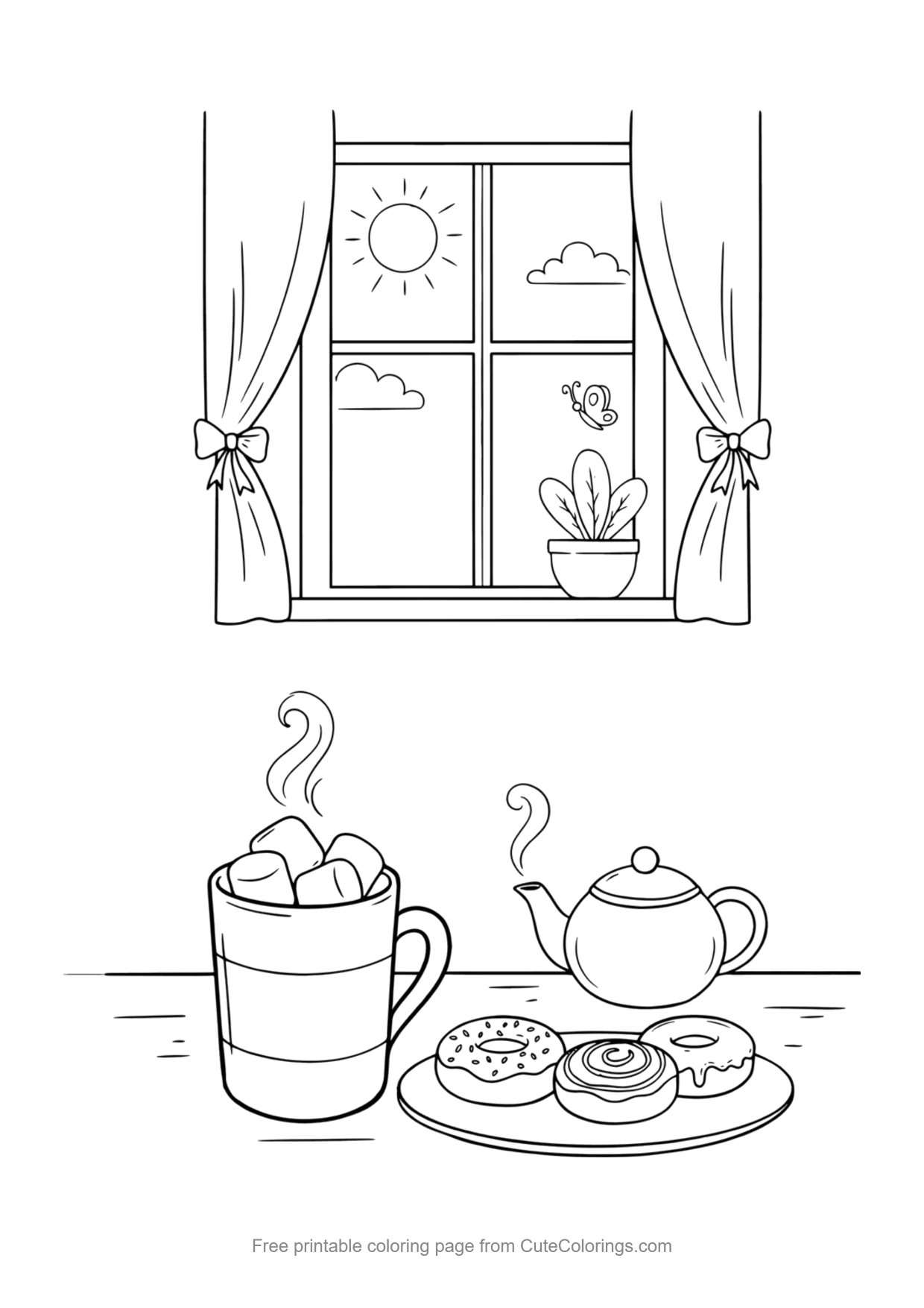 Coloring page for kids of a mug of hot cocoa with marshmallows and a plate of donuts