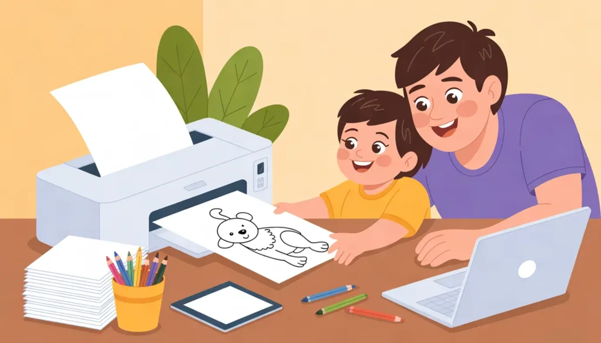 Illustration of a parent and child taking a freshly printed coloring page out of a home printer