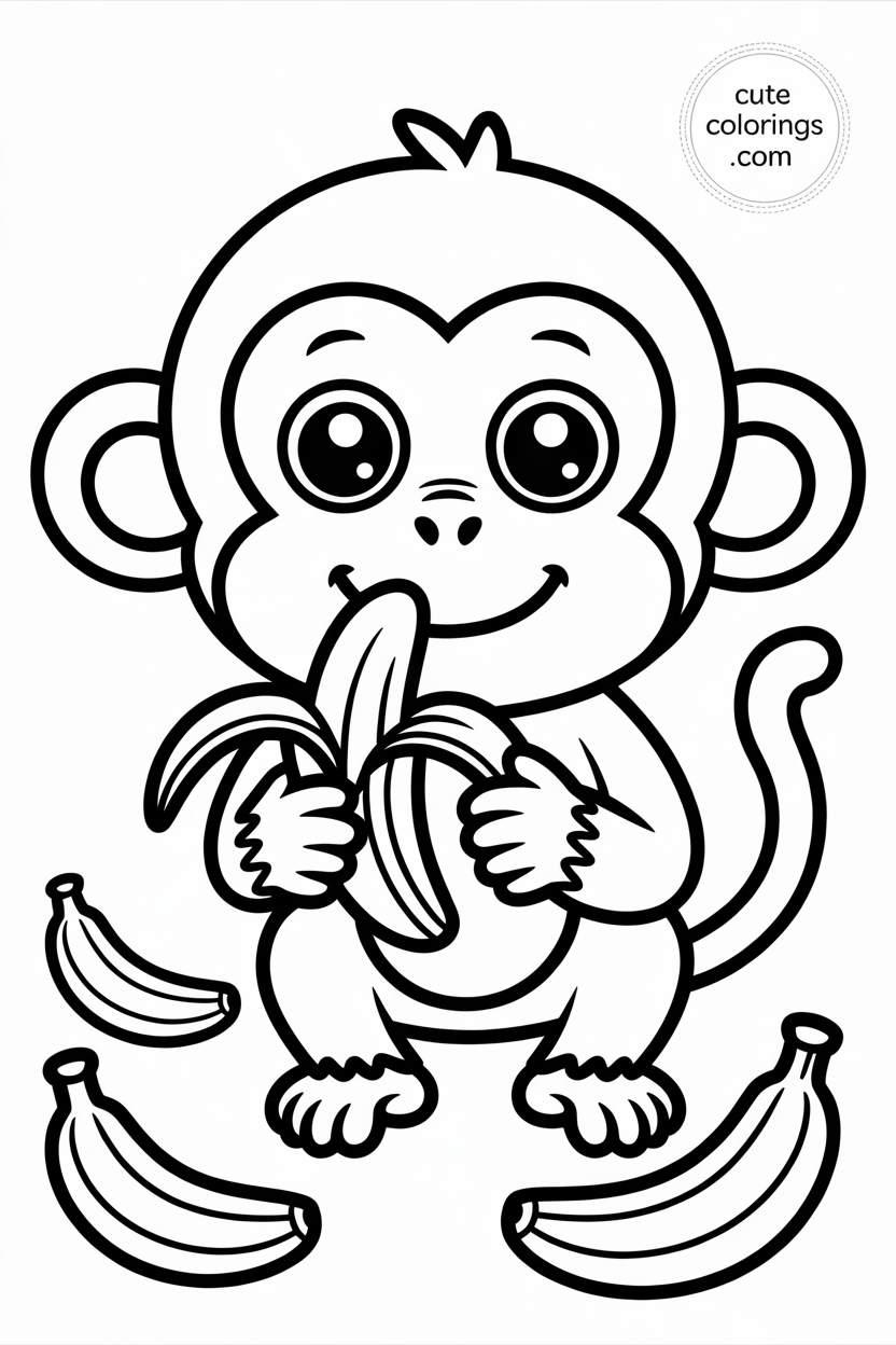 Big-eyed monkey happily munches on a peeled banana