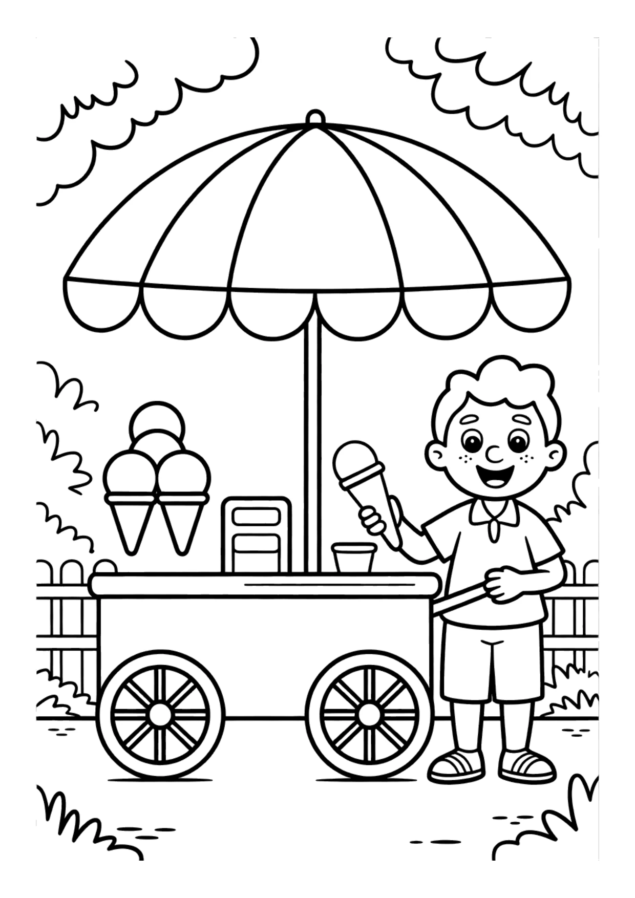 Ausmalbild für Kinder von einem Eiswagen im Park