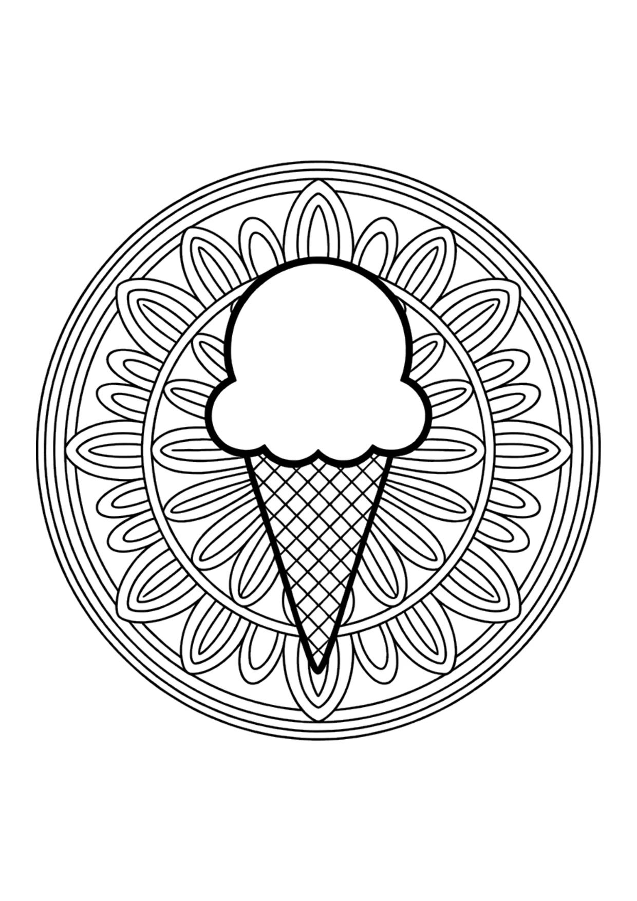Detailliertes Mandala-Ausmalbild einer Eiswaffel