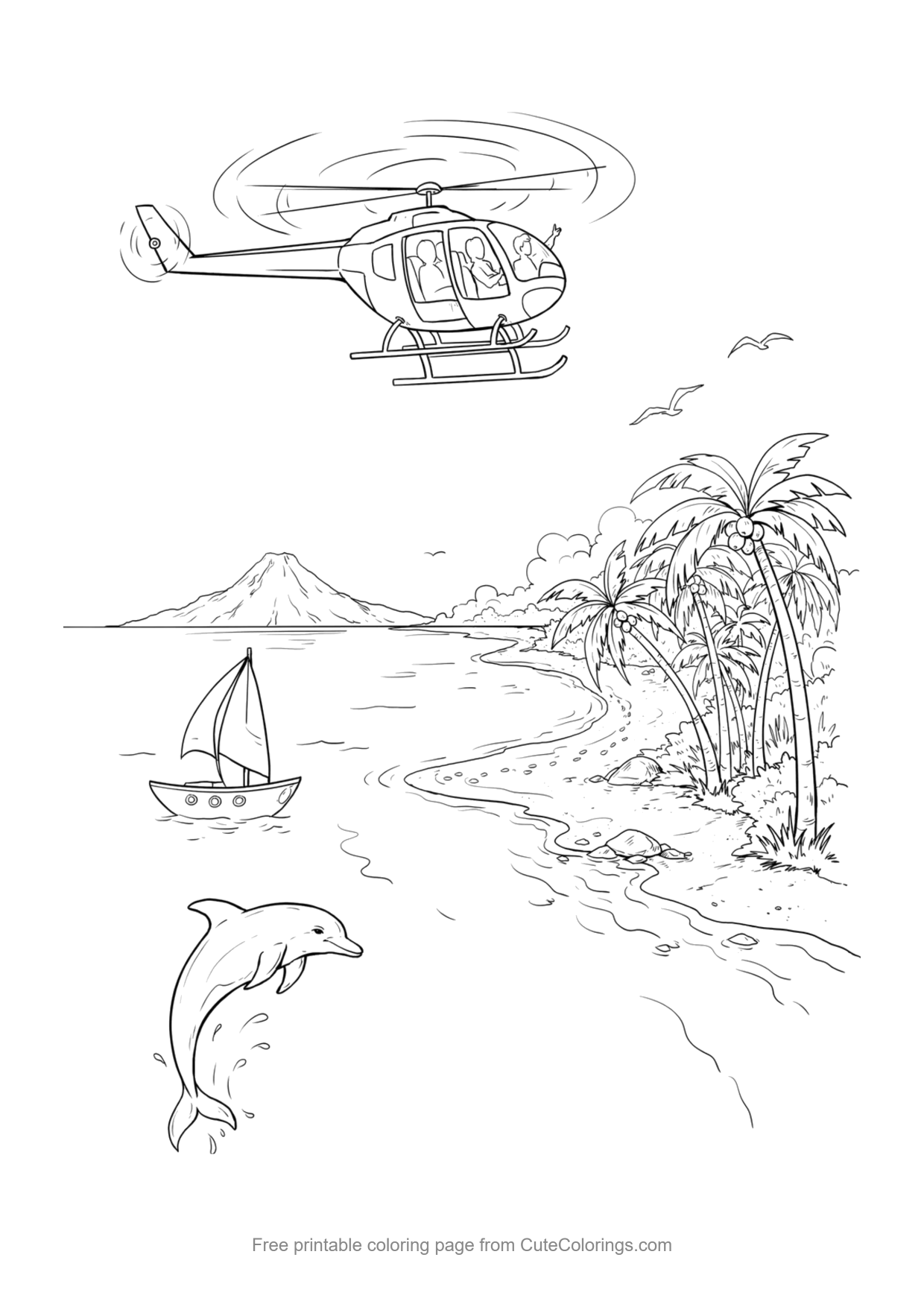 Coloring page for kids of a tour helicopter over a tropical beach with a sailboat and dolphin