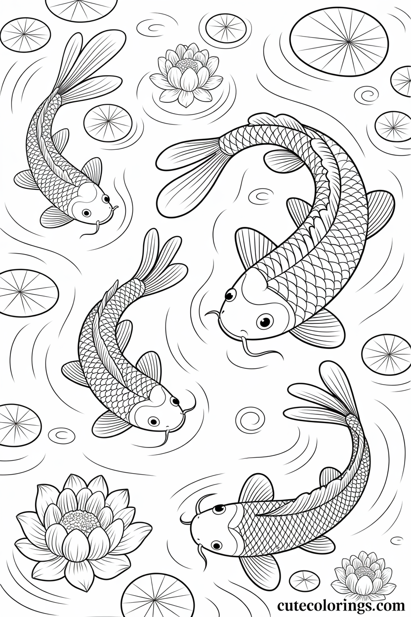 Detailed koi fish pond with lily pads lotus flowers