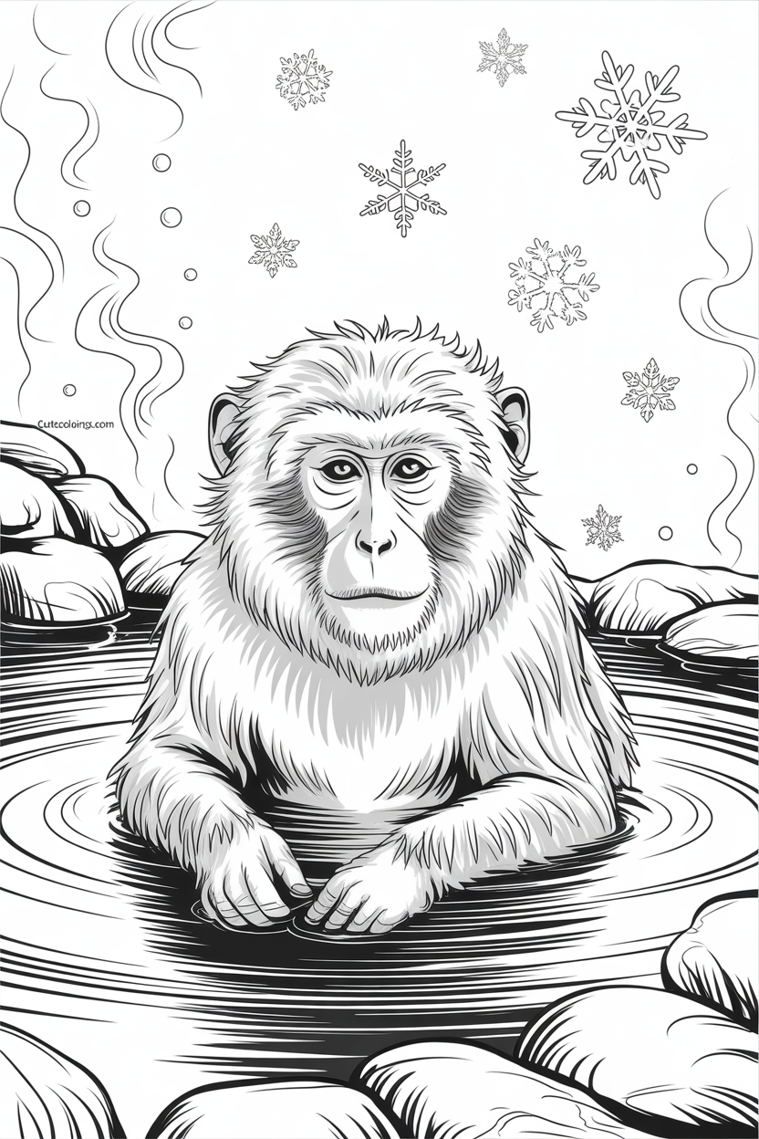 A calm snow monkey sits in steaming water amid snowflakes