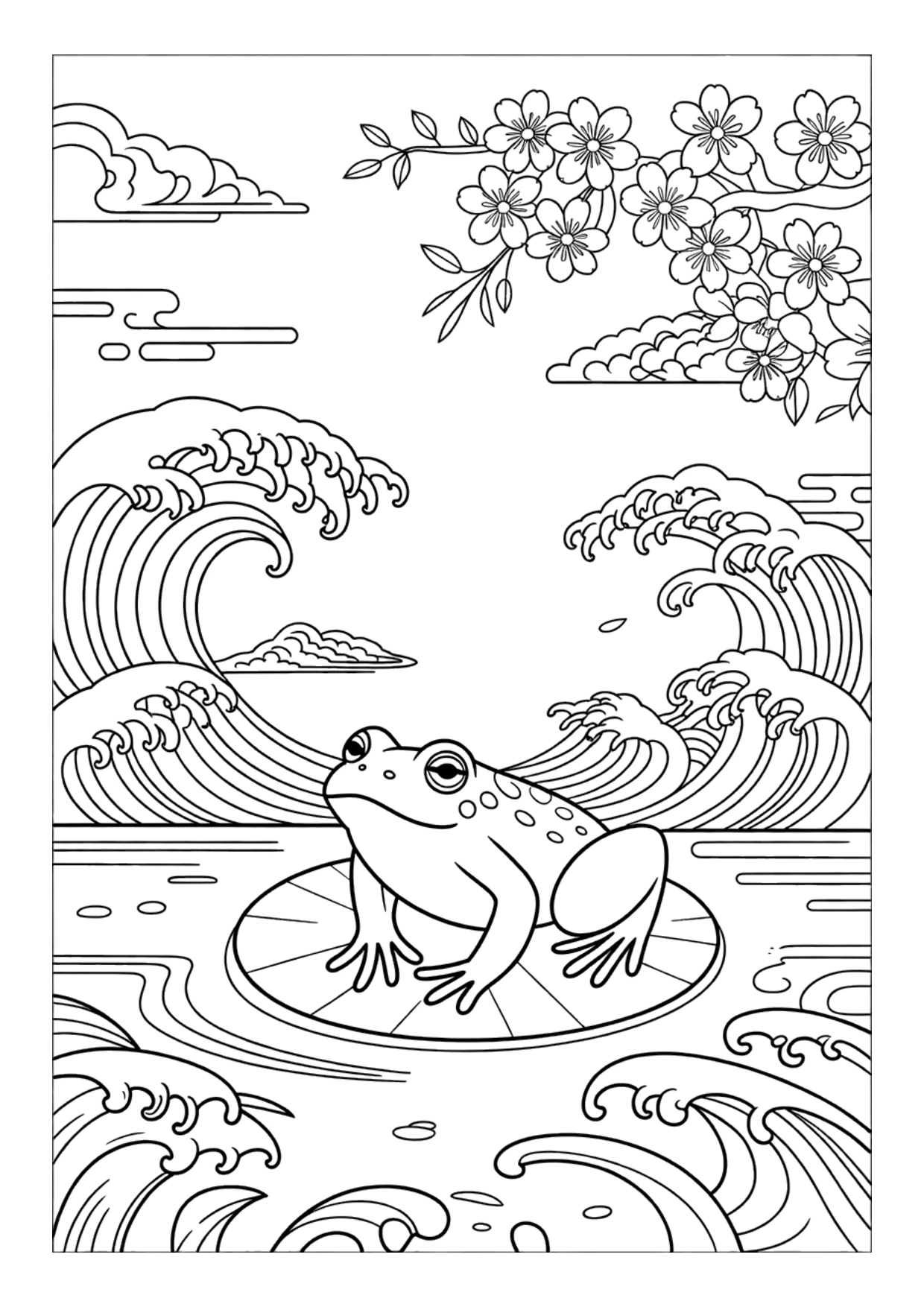 Coloriage détaillé d&rsquo;une grenouille de style japonais