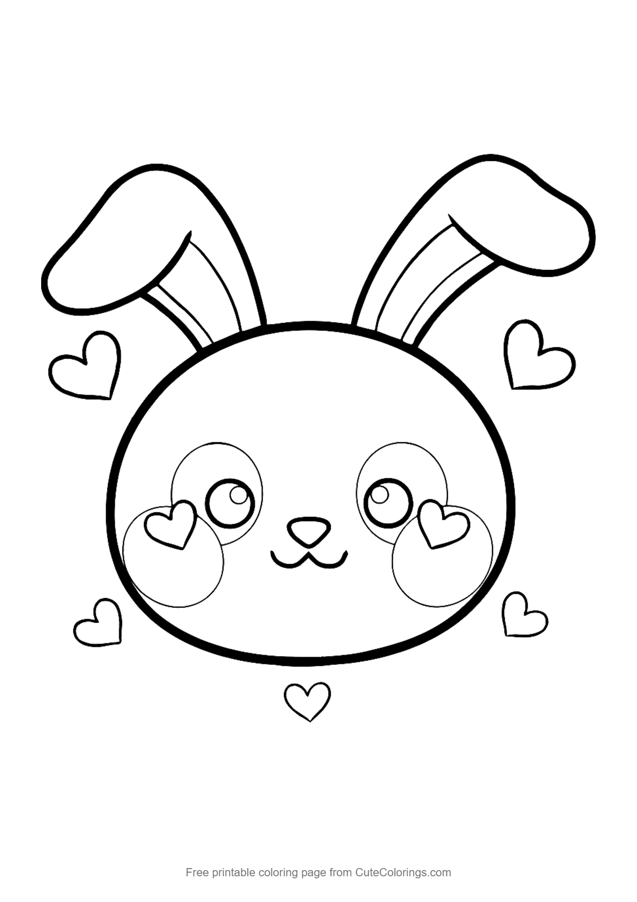 Simple kawaii coloring page of a baby bunny face with round cheeks and little hearts