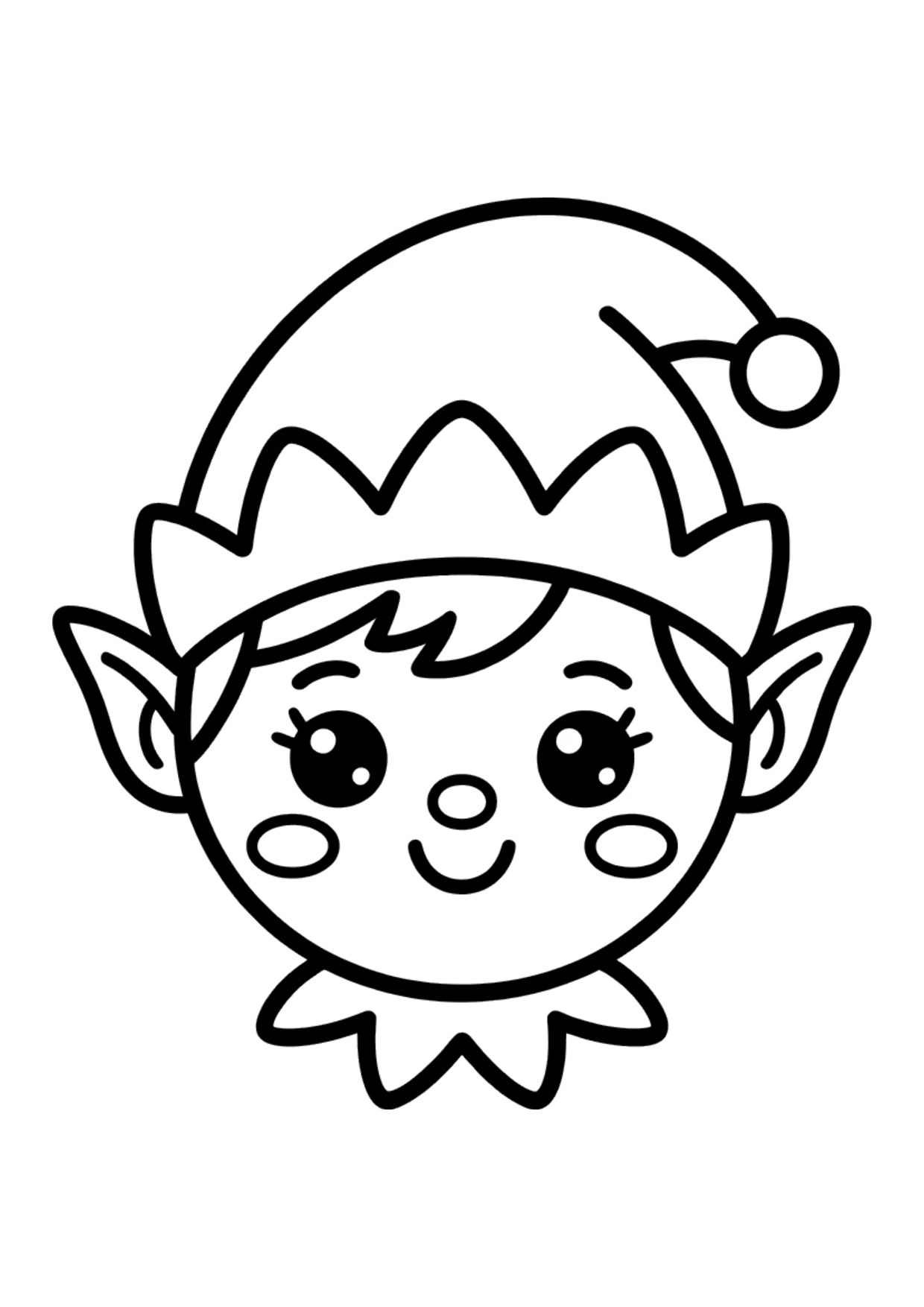 Dibujo fácil de una cara de duende kawaii con orejas puntiagudas y gorro con cascabel para colorear