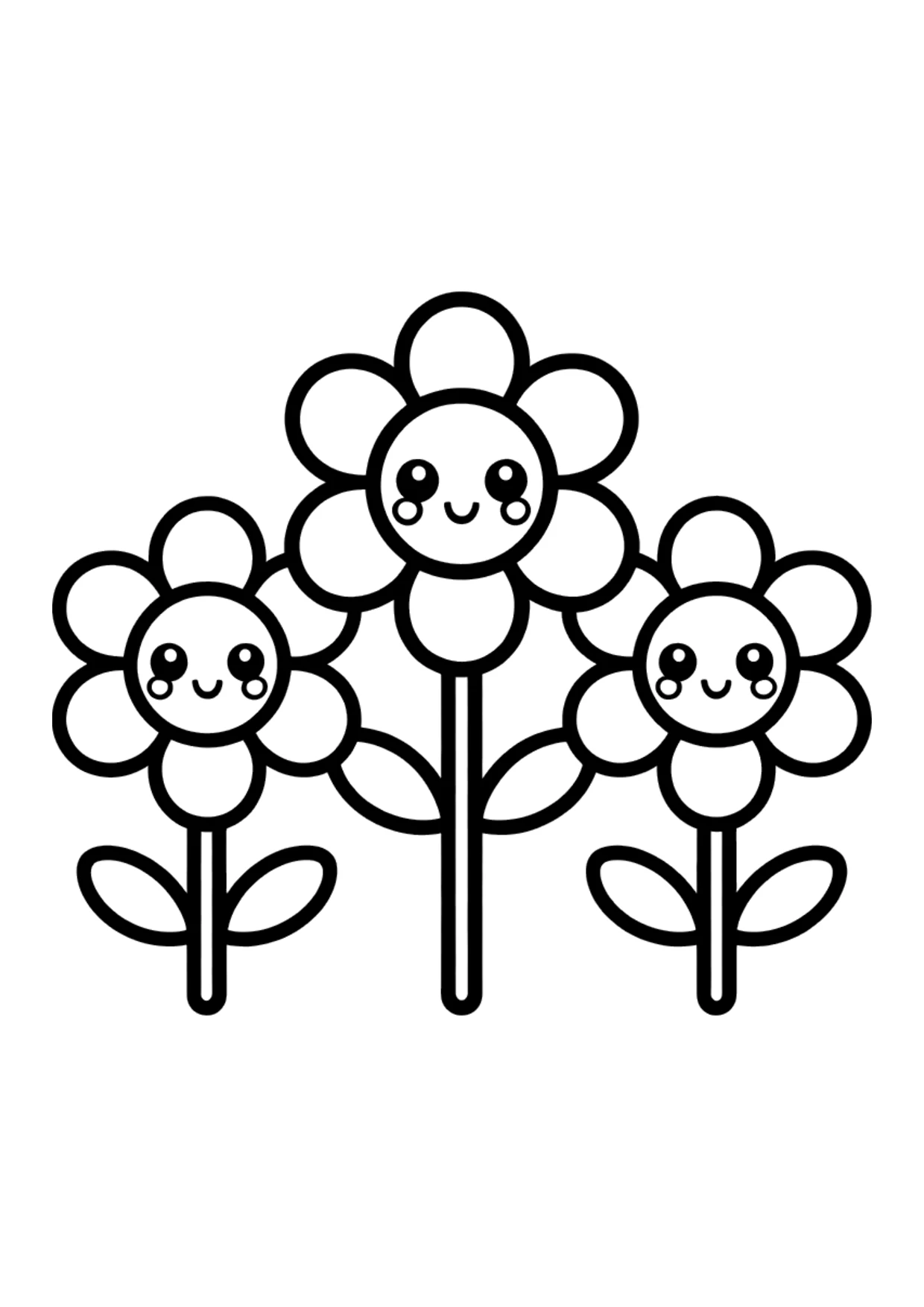 Coloriage kawaii facile de trois fleurs souriantes
