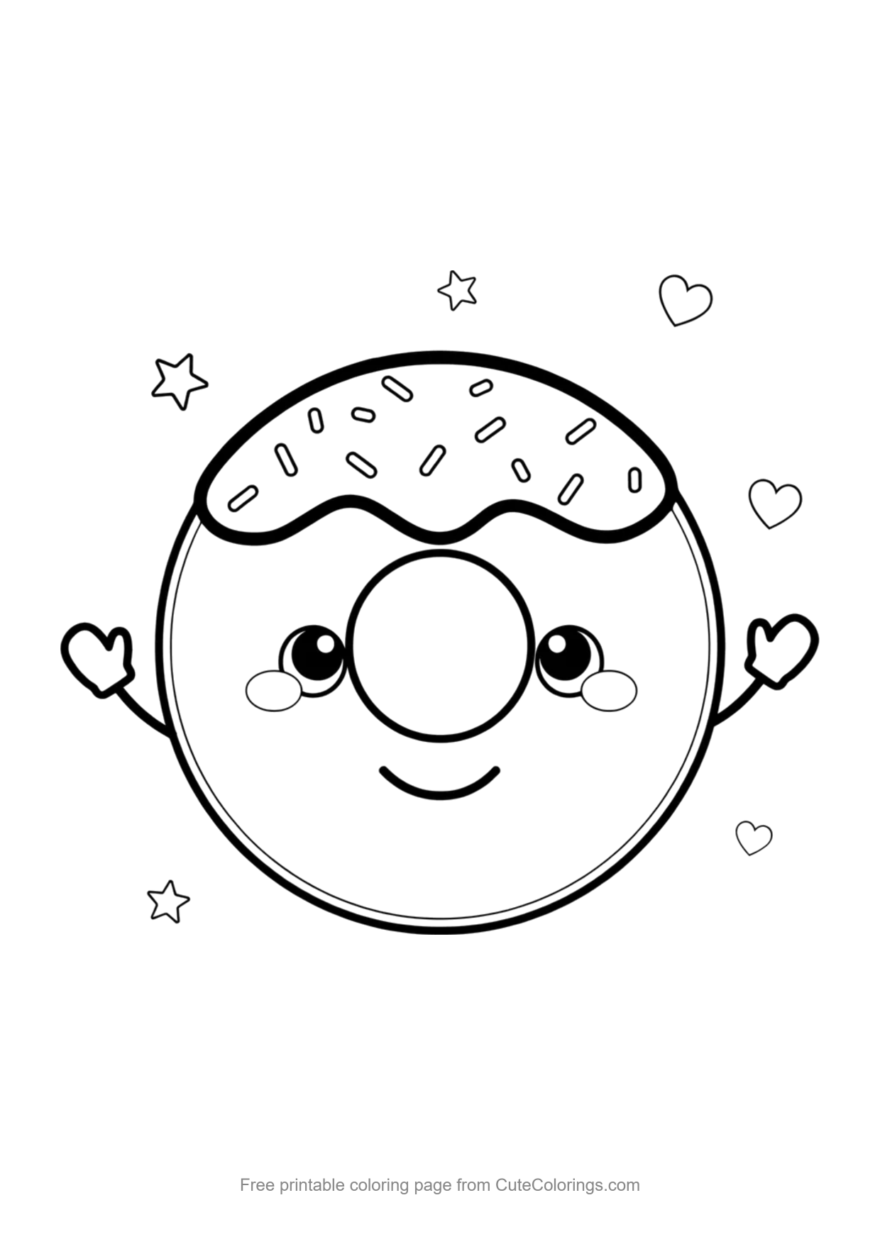Easy kawaii coloring page of a smiling donut character with rosy cheeks