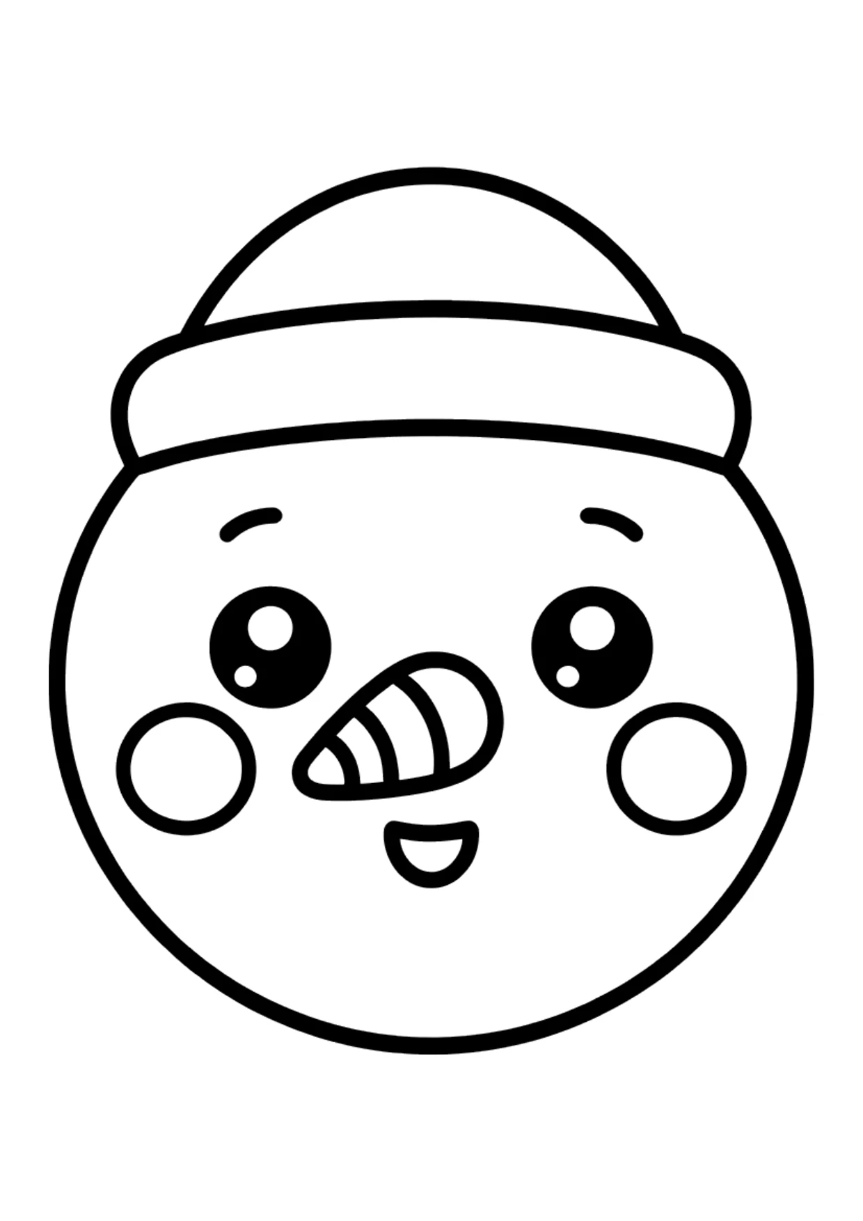 Einfaches Kawaii-Ausmalbild: Schneemann-Gesicht mit Karottennase und roten Bäckchen