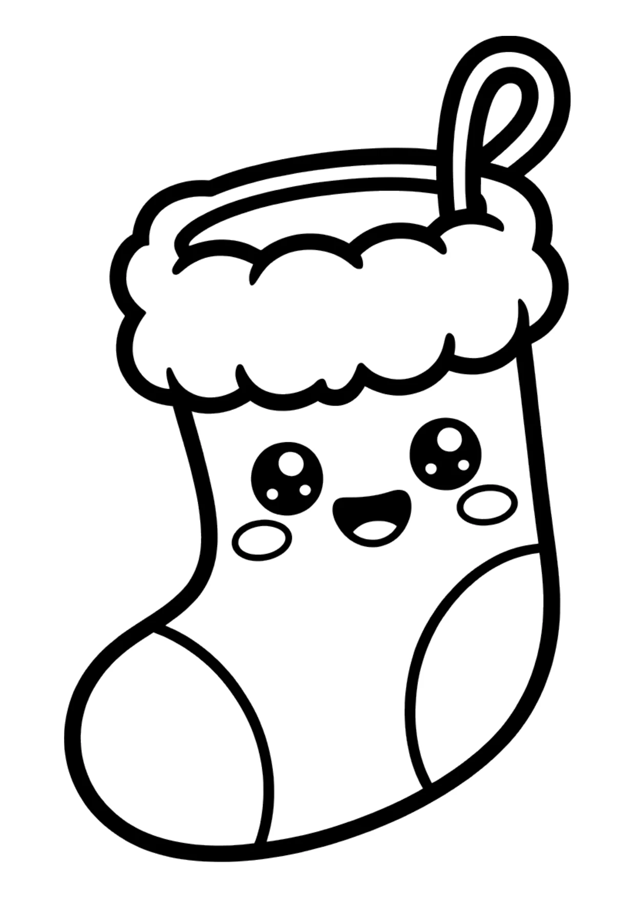 Dibujo fácil kawaii de un calcetín de Navidad sonriente para colorear