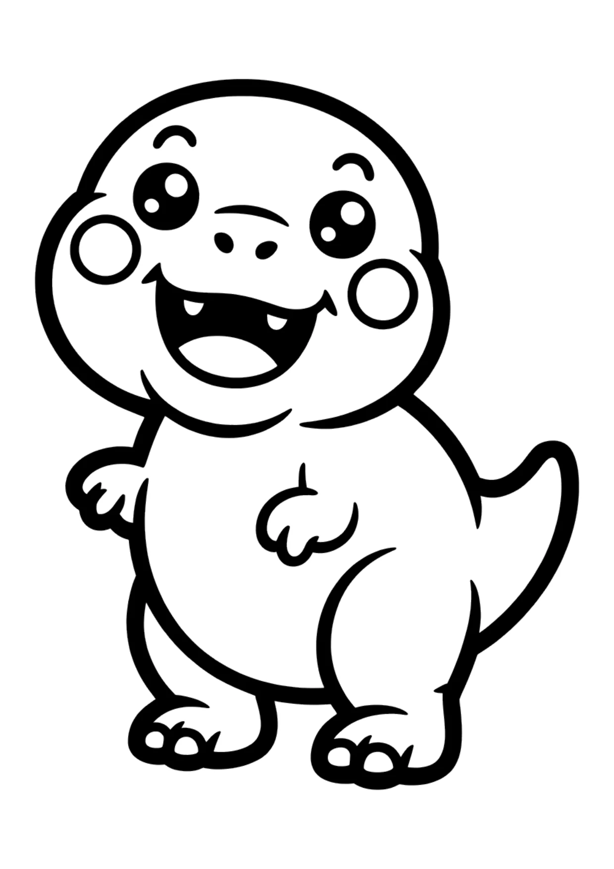Einfaches Kawaii-Ausmalbild eines pummeligen T-Rex mit einem großen glücklichen Lächeln