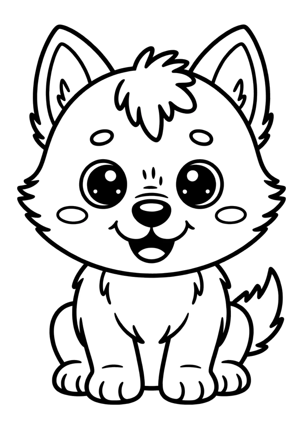 Desenho fácil de um filhote de lobo fofinho e sorridente, estilo kawaii, para colorir